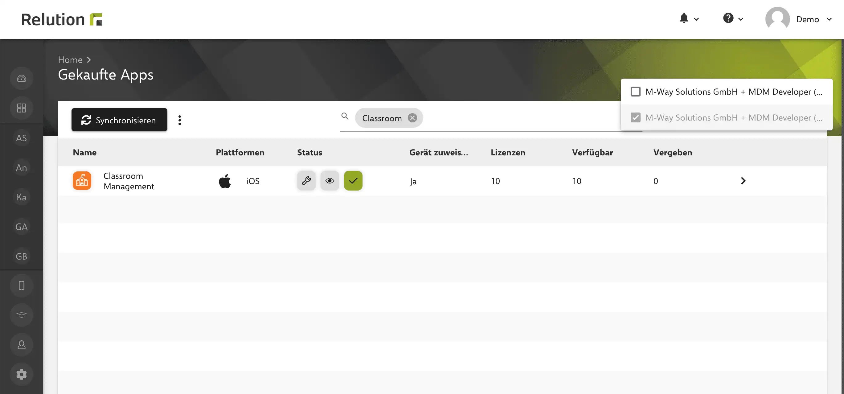 Darstellung der Relution-Oberfläche mit der Möglichkeit, VPP-Lizenzen über „Gekaufte Apps“ Geräten zuzuweisen