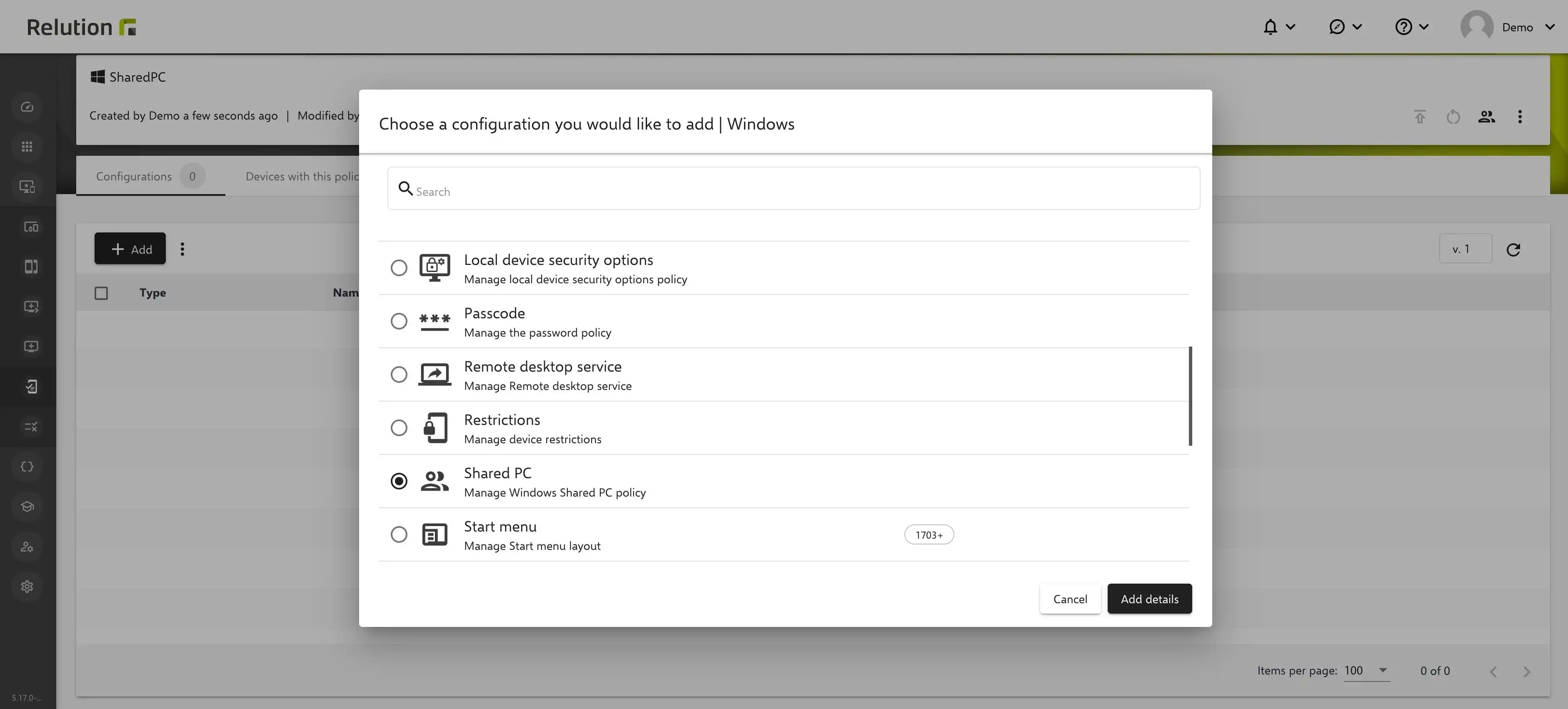 Processo di configurazione in Relution per la politica « Windows Shared PC » per garantire l'utilizzo sicuro dei dispositivi aggiungendo o modificando le politiche esistenti