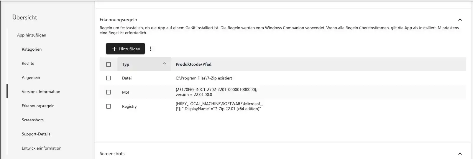 Ansicht im Relution-Portal mit einer Liste der angelegten Erkennungsregeln, einschließlich Angaben zu Typ und Produktcode oder Pfad, im Bereich „Erkennungsregeln“