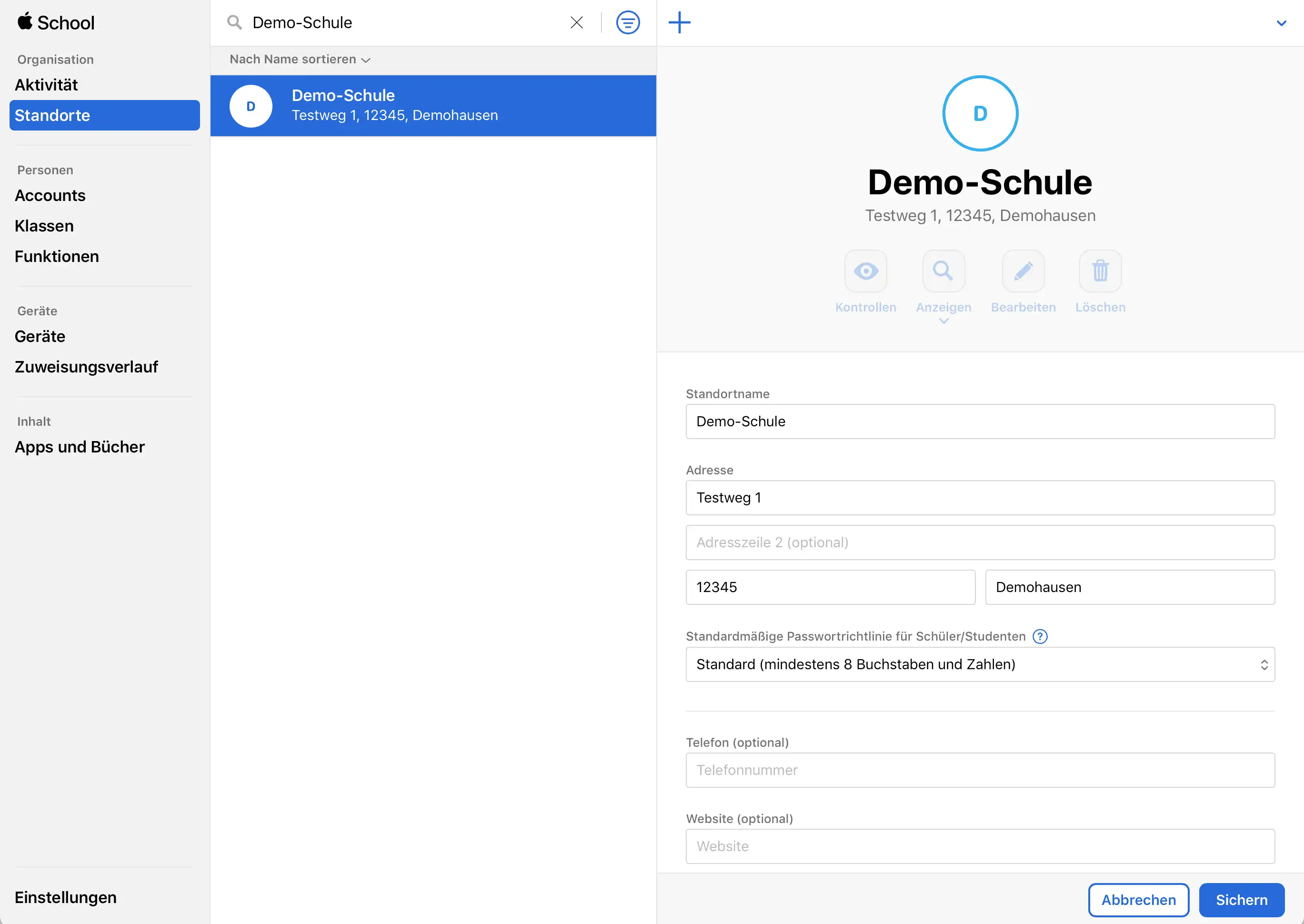 Darstellung im Apple School Manager, die das Anlegen eines neuen Standorts zeigt, um VPP-Lizenzen mit Relution zu verknüpfen