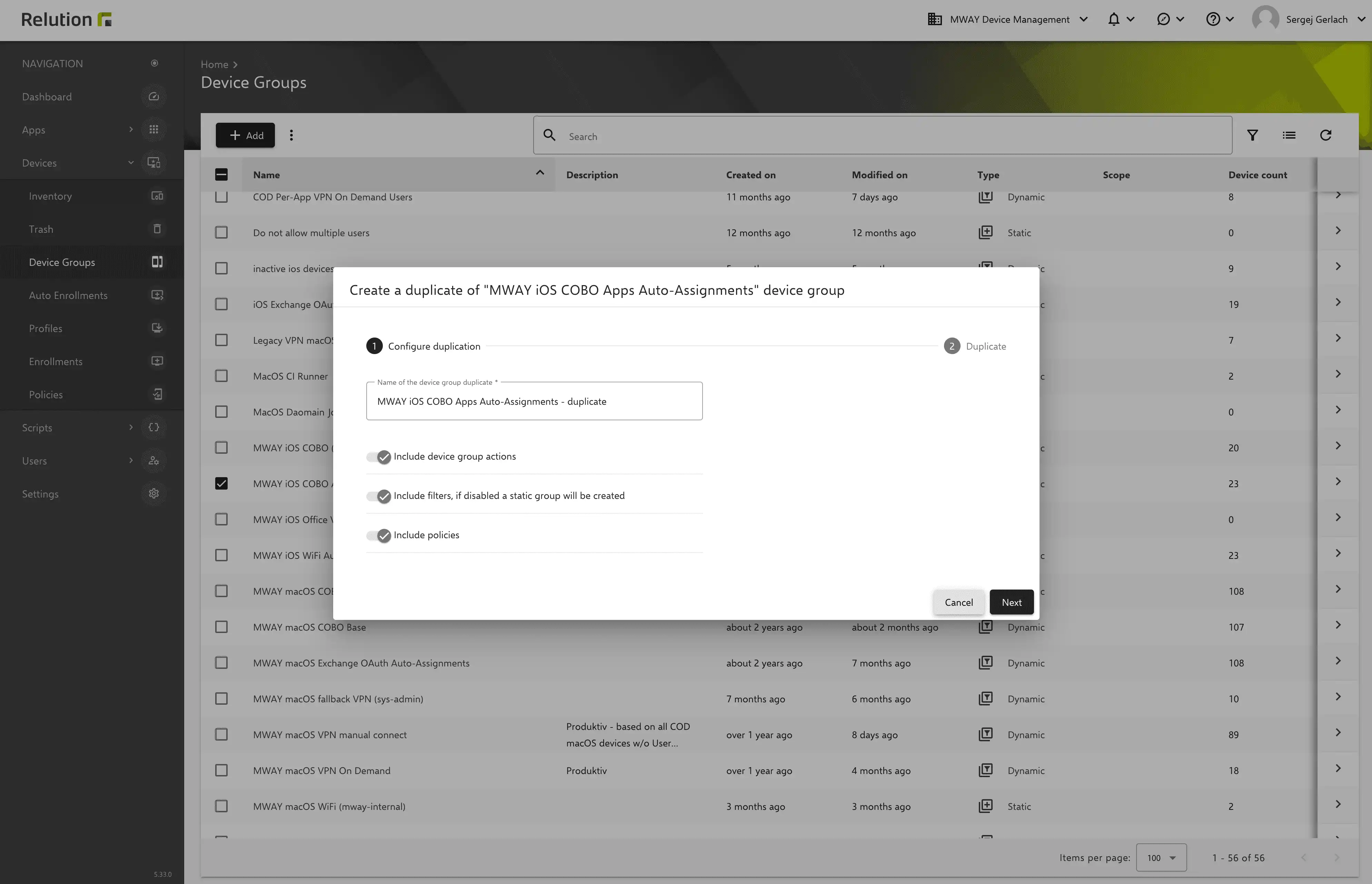 View in Relution with the function for duplicating device groups, including the option to transfer actions, devices, and policies.