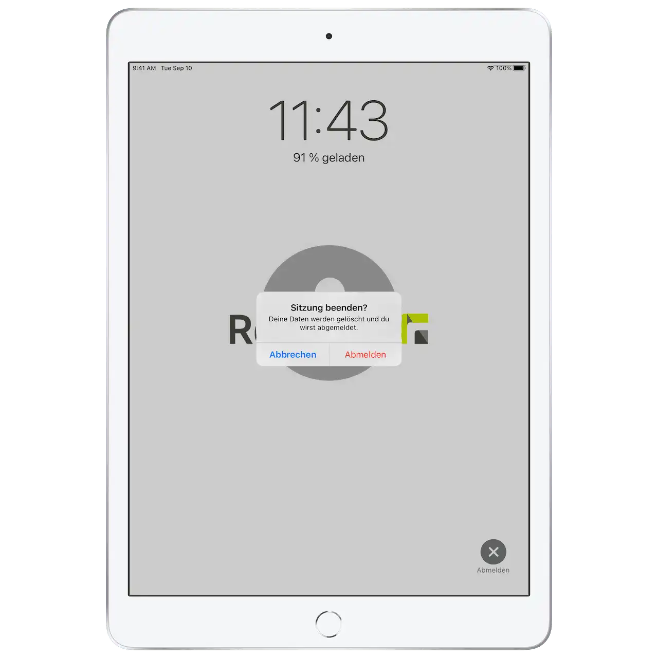 Abbildung eines iPad-Bildschirms mit Hinweis zur Beendigung der Sitzung, wodurch die Daten gelöscht und die Person abgemeldet wird