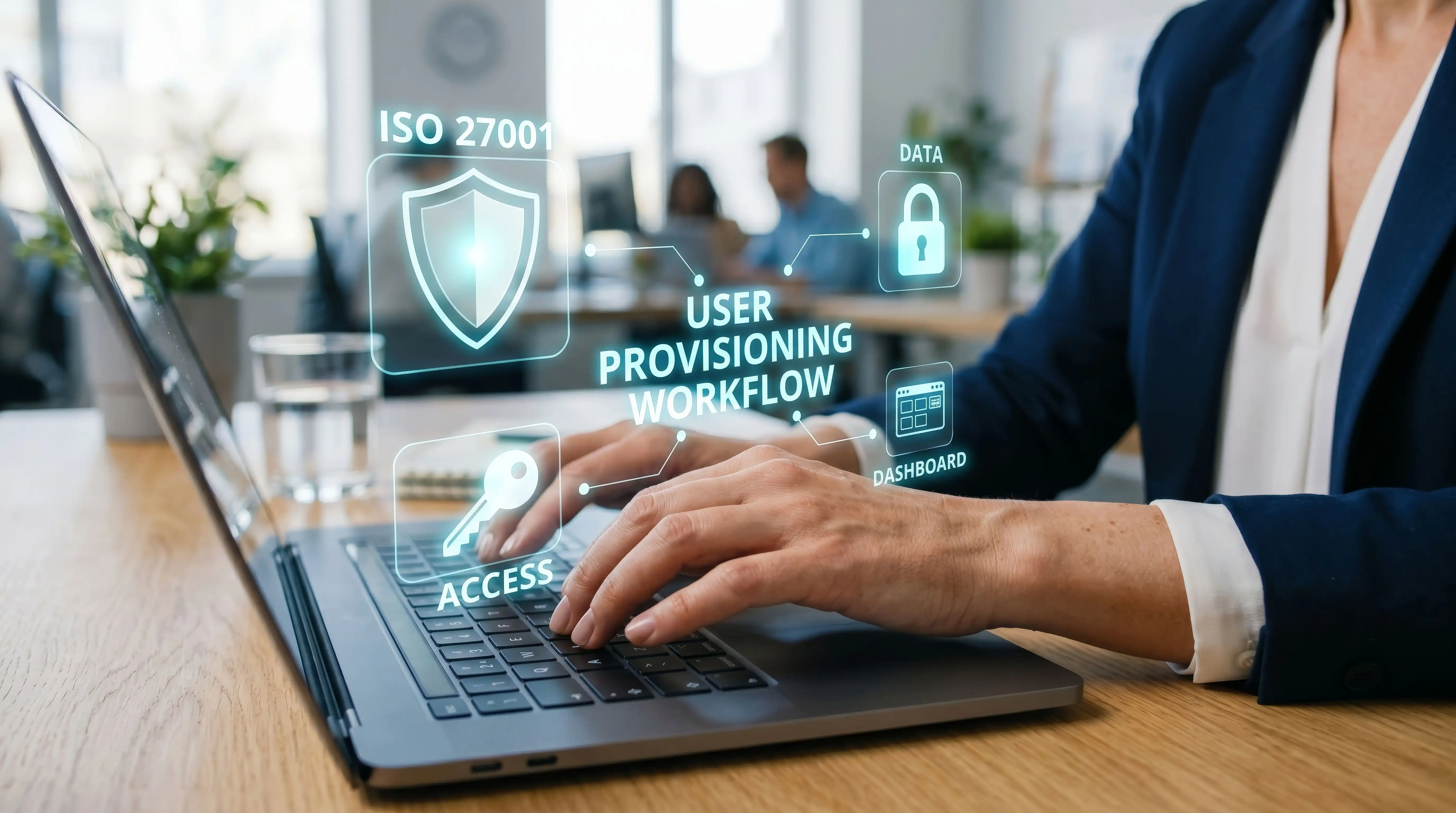 Person tippt an einem Laptop, darüber eingeblendete Sicherheits-Symbole mit den Begriffen ISO 27001, Data, Access, User Provisioning Workflow und Dashboard.