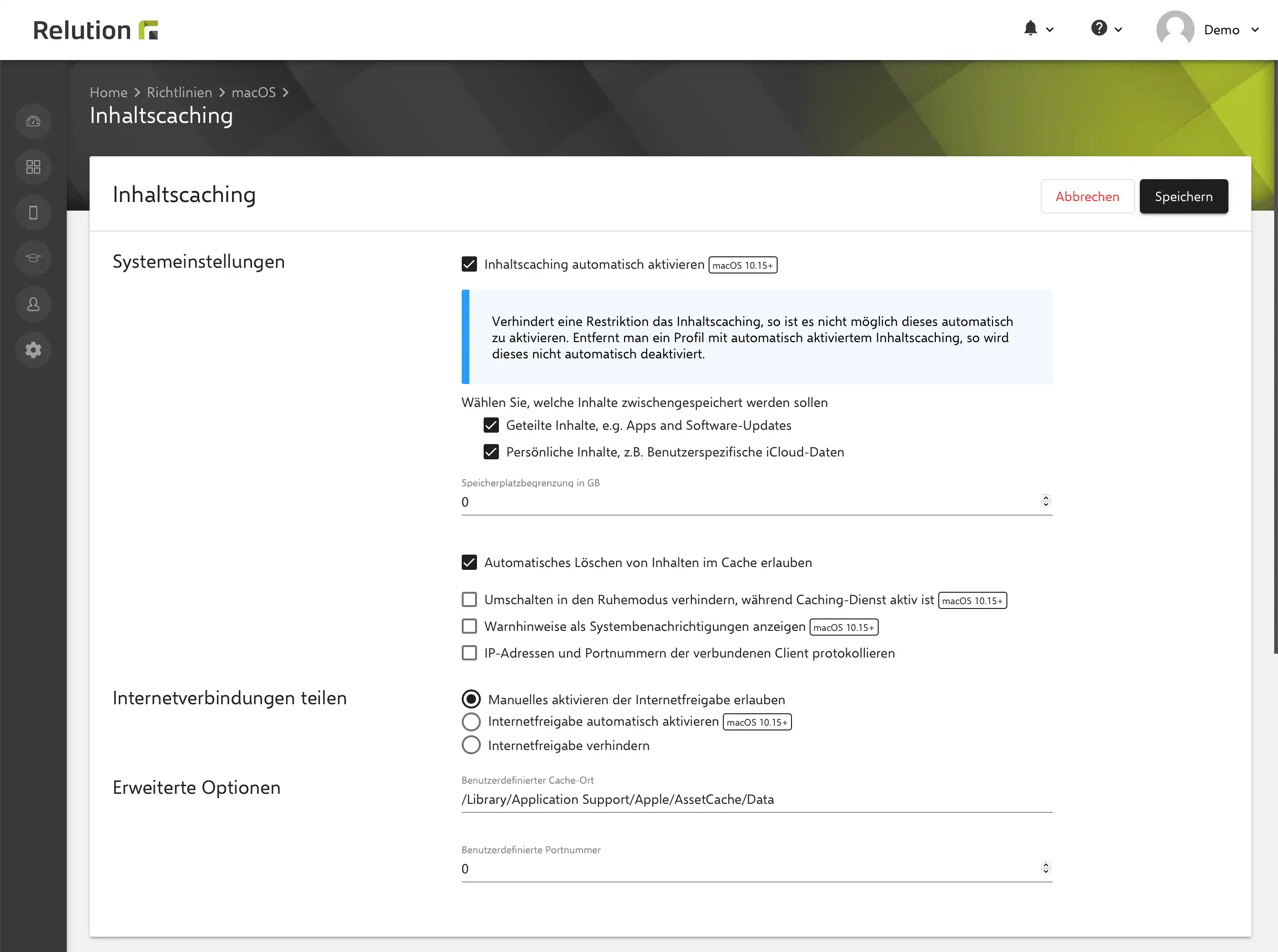 Konfiguration von Inhaltscaching in Relution zur Festlegung von Funktionen und Einstellungen für macOS-Geräte.