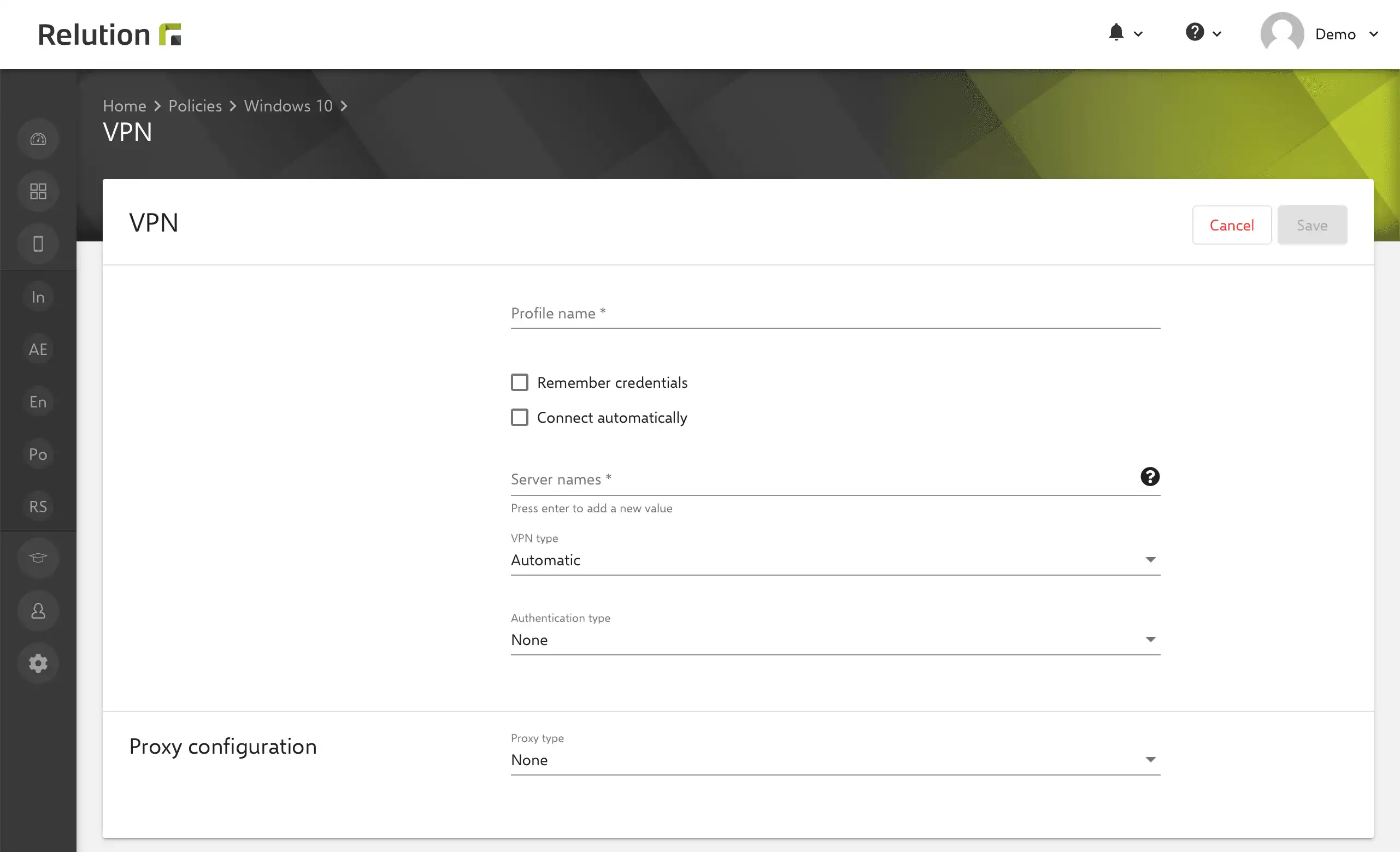 Impostazioni VPN predefinite in Relution per dispositivi Windows 10/11 per stabilire una connessione di rete sicura