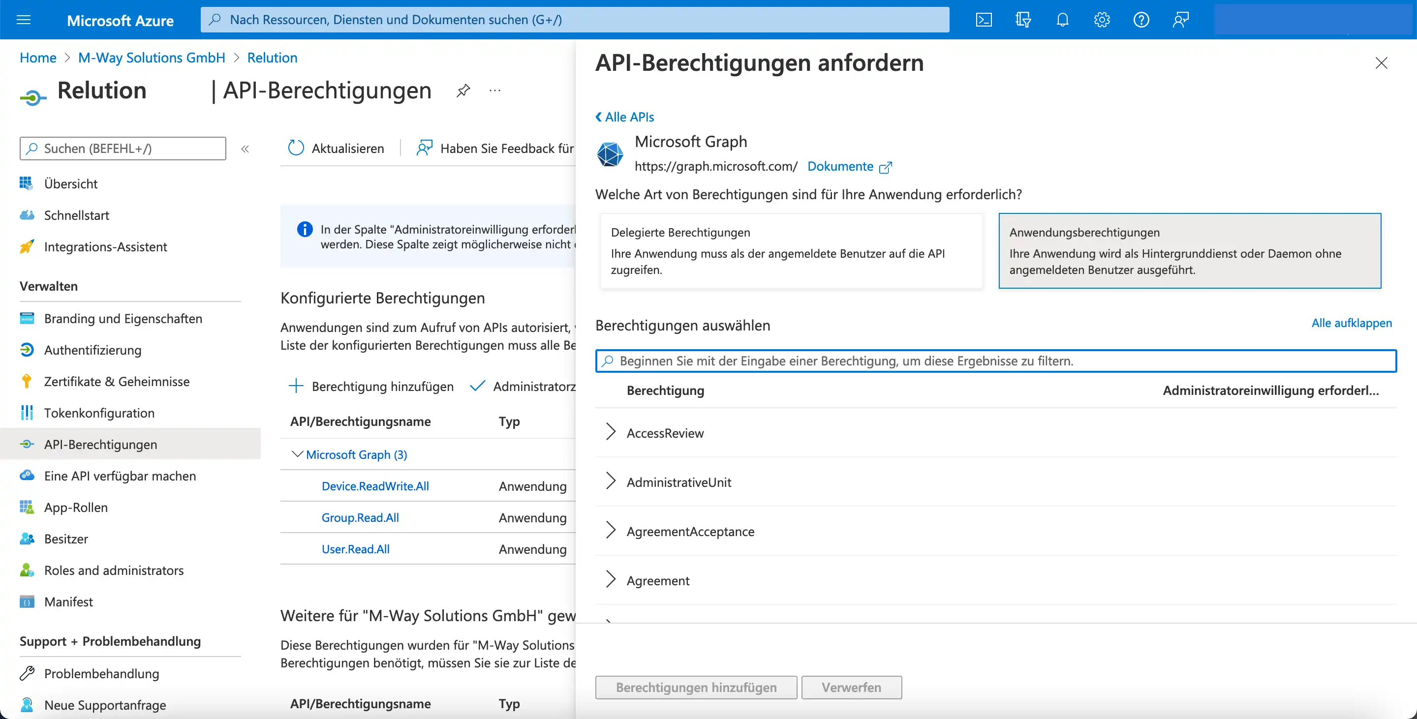 Dialogfenster in Microsoft Azure mit Auswahl der Kachel „Anwendungsberechtigungen“ für die Konfiguration