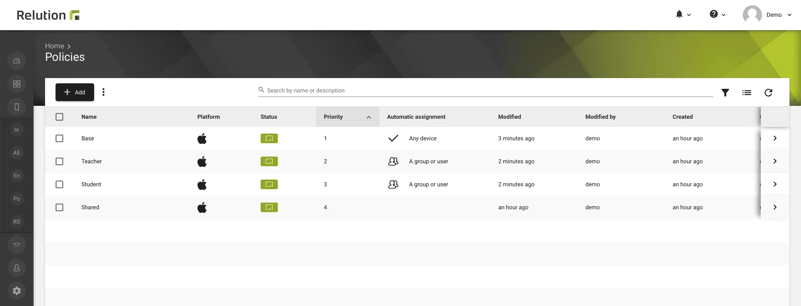 Option in Relution for automatic application of standard policies or group-specific policies during the enrollment of new devices
