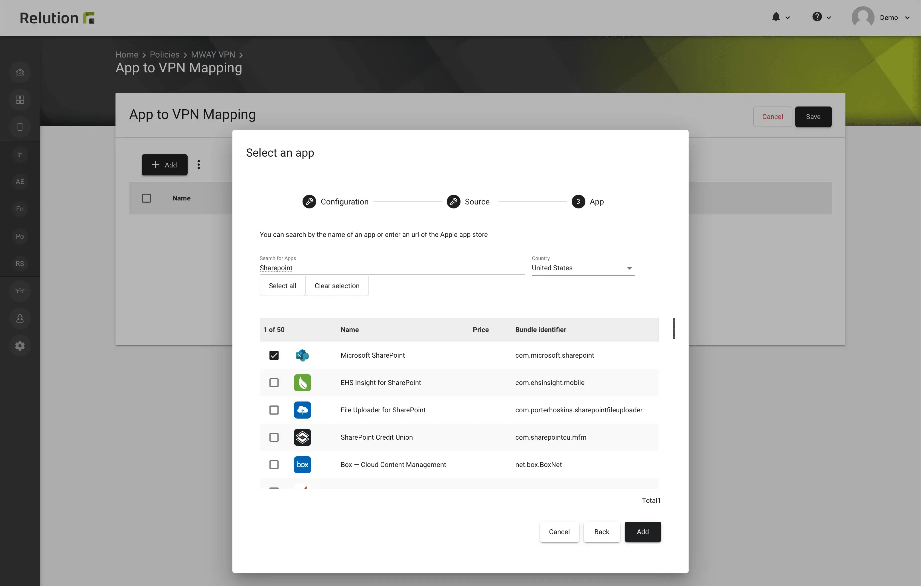 Barra di ricerca nella configurazione di Relution "Assegnazione app a VPN" per filtrare le app per origine