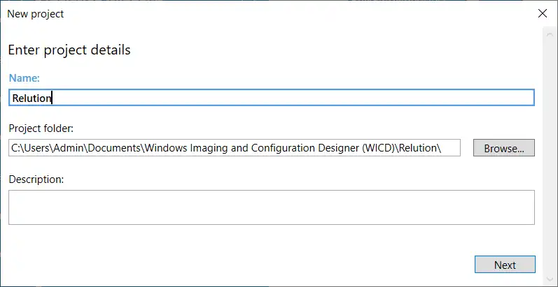 Maschera di input in Windows Configuration Designer per specificare un nome di progetto con l’opzione di procedere cliccando su « Avanti »