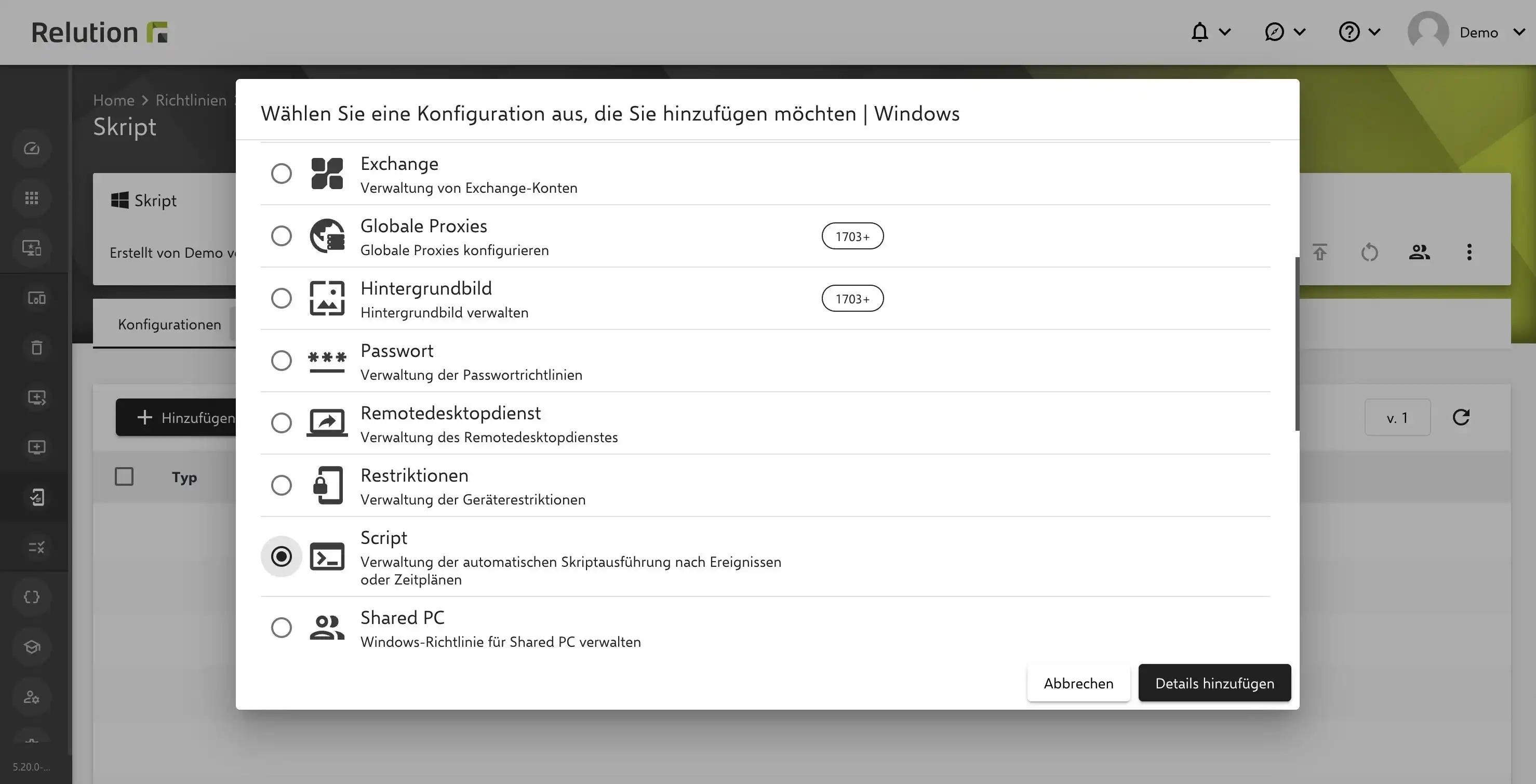 Erweiterung der Windows Richtlinien in Relution durch Skript-Konfiguration mit zeit- und ereignisbasierten Ausführungsoptionen