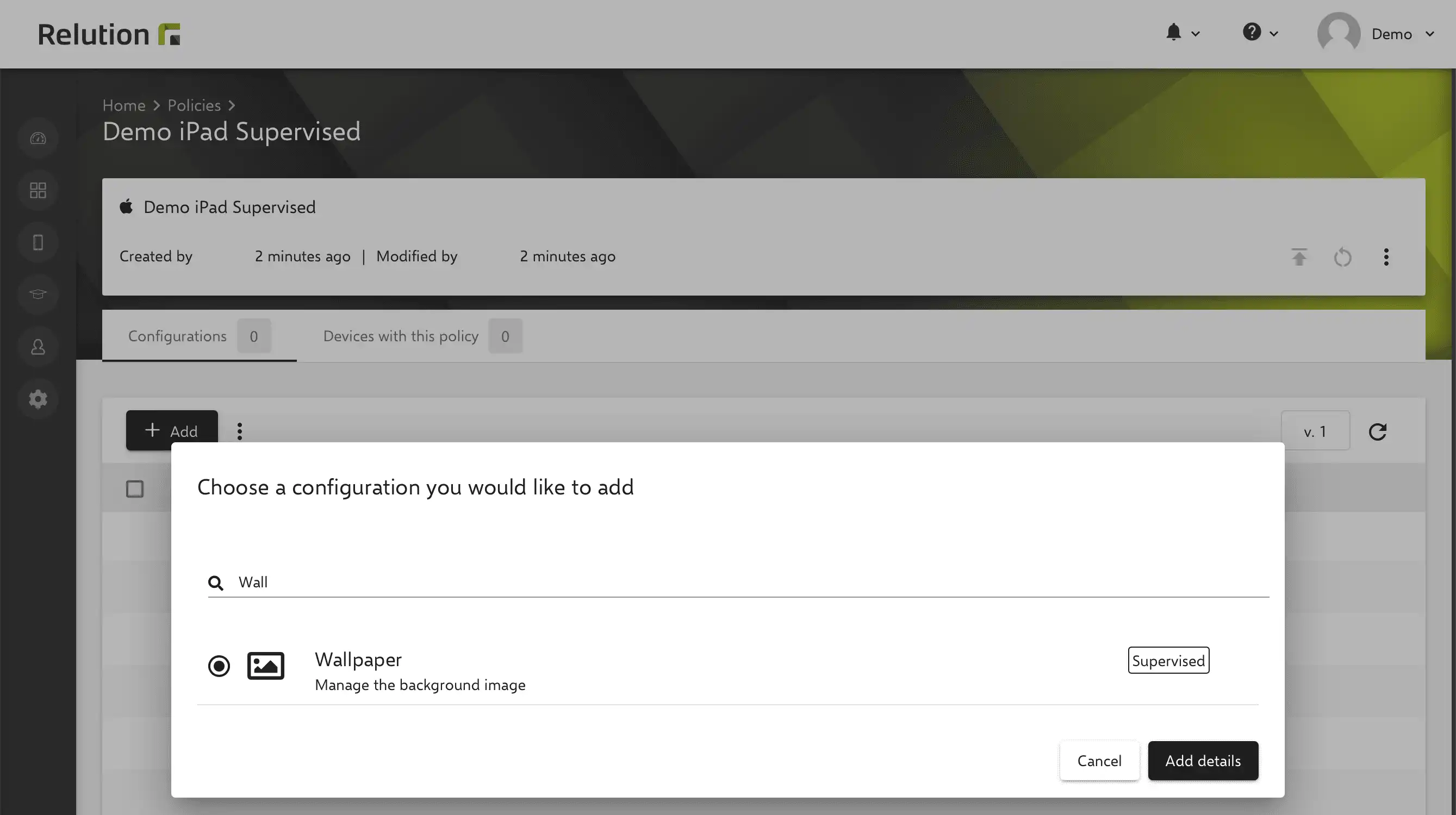 Relution'daki "Duvar Kağıdı" yapılandırması, bir okul logosu veya standart bir tasarım gibi iOS cihazlarının ana ekranı ve kilit ekranının arka planını uzaktan özelleştirmek için