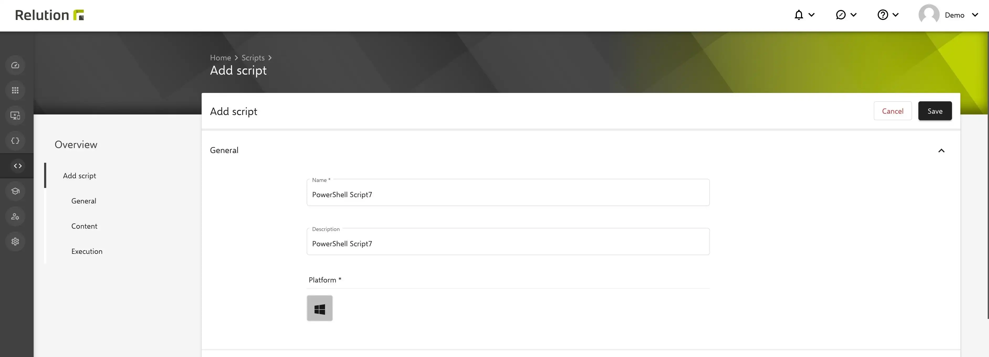 Gestión de scripts de PowerShell en Relution con la opción de importar y organizar scripts a través de la sección "Scripts" en la barra de menú