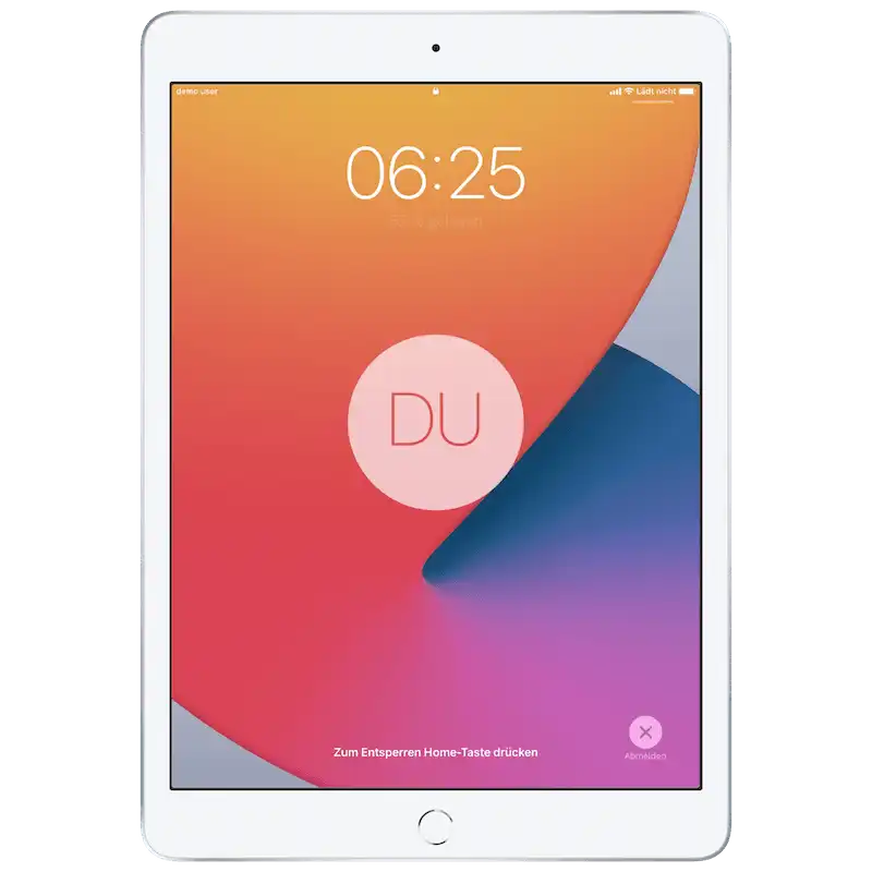 iPad-Bildschirm mit der Option „Abmelden“ unten rechts, die nach Betätigung des Lock Buttons im Geteiltes iPad Modus angezeigt wird