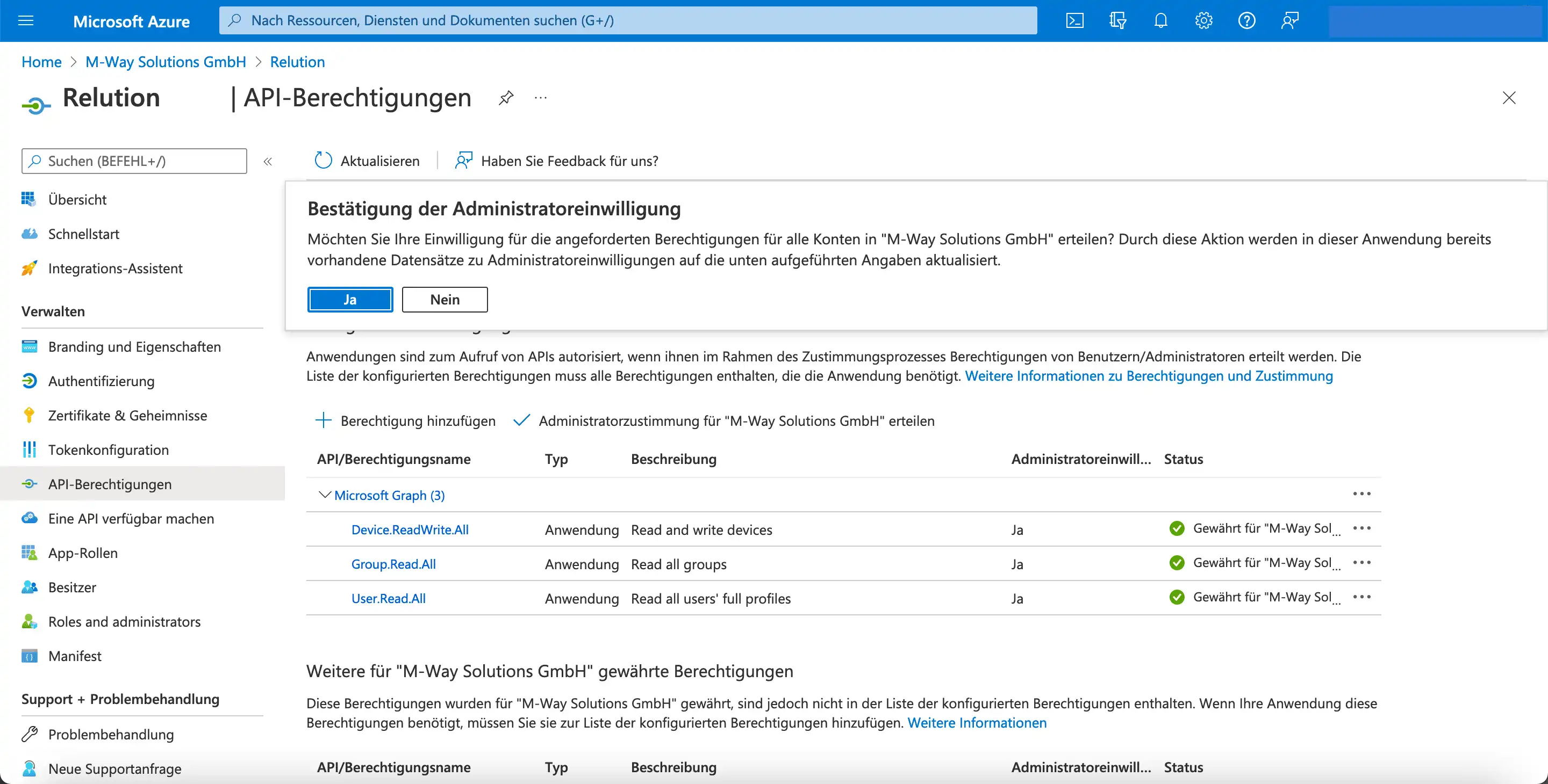 Ansicht in Microsoft Azure mit neu hinzugefügten API-Berechtigungen, die initial mit einem Ausrufezeichen gekennzeichnet sind und nach Zustimmung des Administrators als „Gewährt“ mit grünem Häkchen angezeigt werden