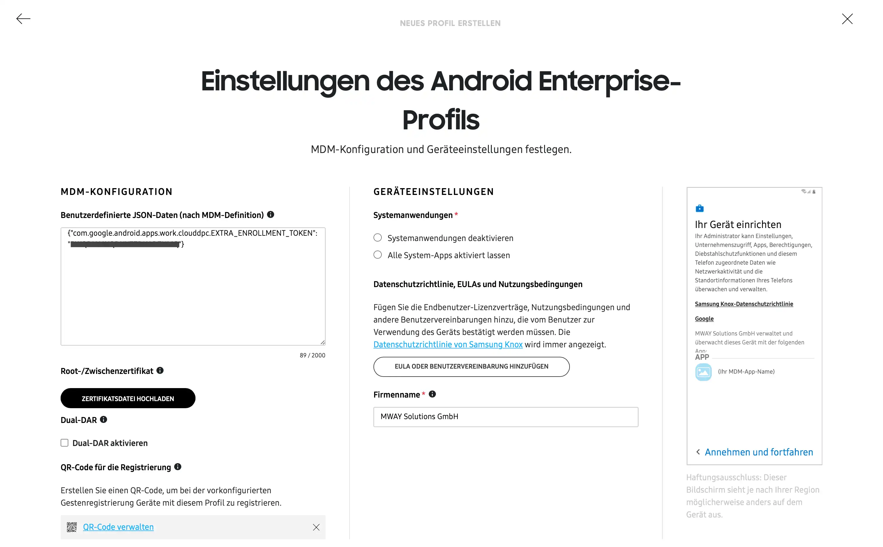 Eingabemaske im KME-Portal zur Übertragung des Multi-Enrollment-Codes via Custom JSON in die Einstellungen des Android Enterprise-Profils