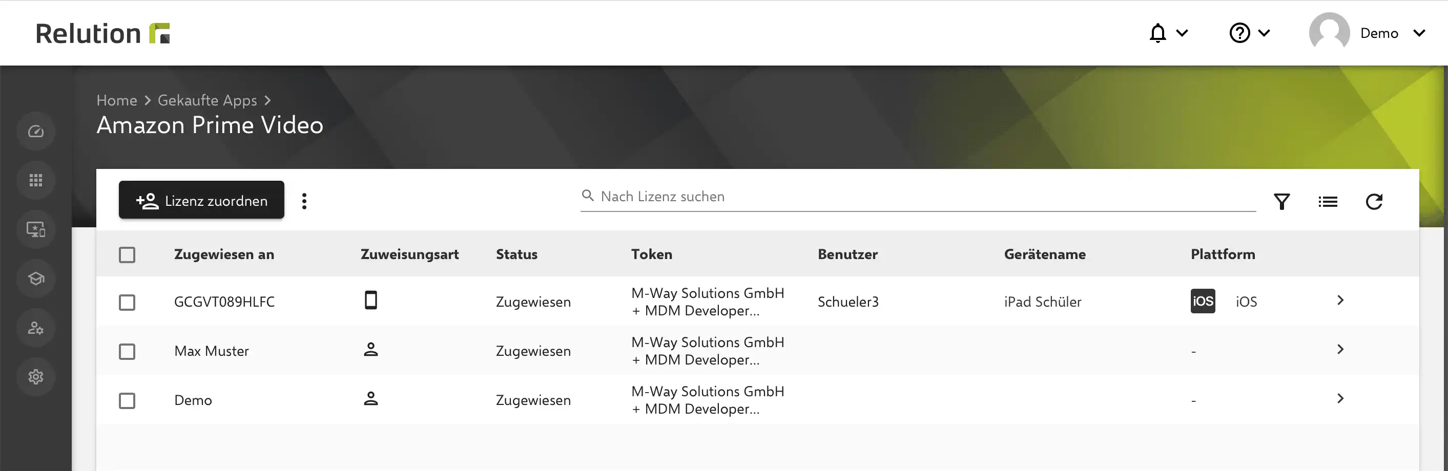 Ansicht in Relution mit detaillierter Übersicht der Benutzer und deren zugewiesenen VPP-Lizenzen für eine spezifische, gekaufte App
