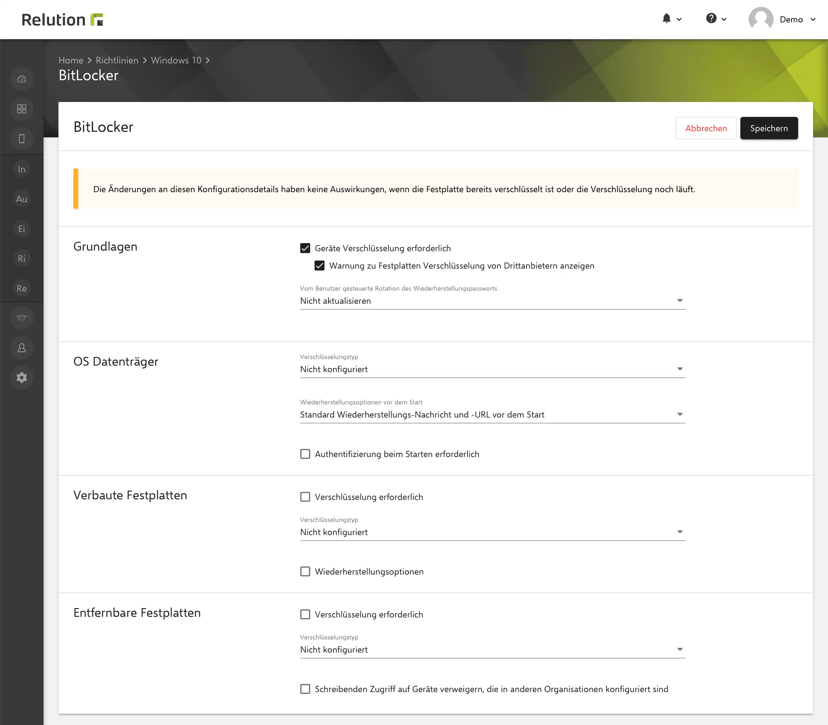 BitLocker-Konfiguration in Relution zur Verschlüsselung von Festplatten und Systemlaufwerken eingeschriebener Windows 10 Geräte