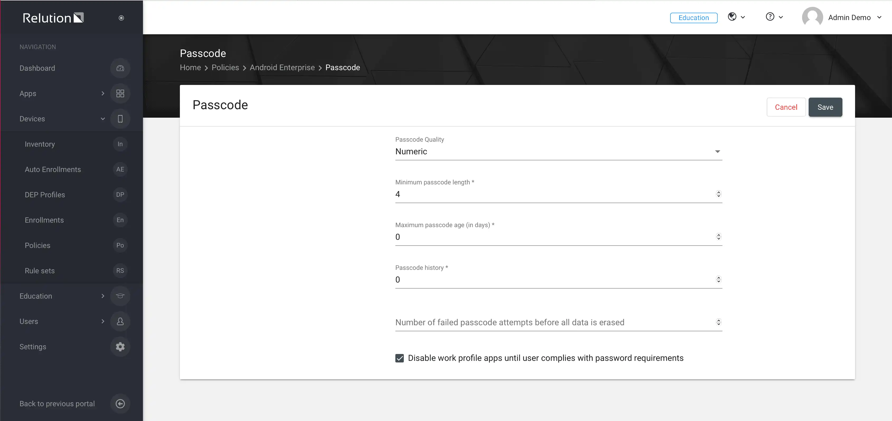 Vista della configurazione delle password per dispositivi Android Enterprise in Relution con impostazioni per la lunghezza minima, il periodo massimo di validità e la cronologia delle password