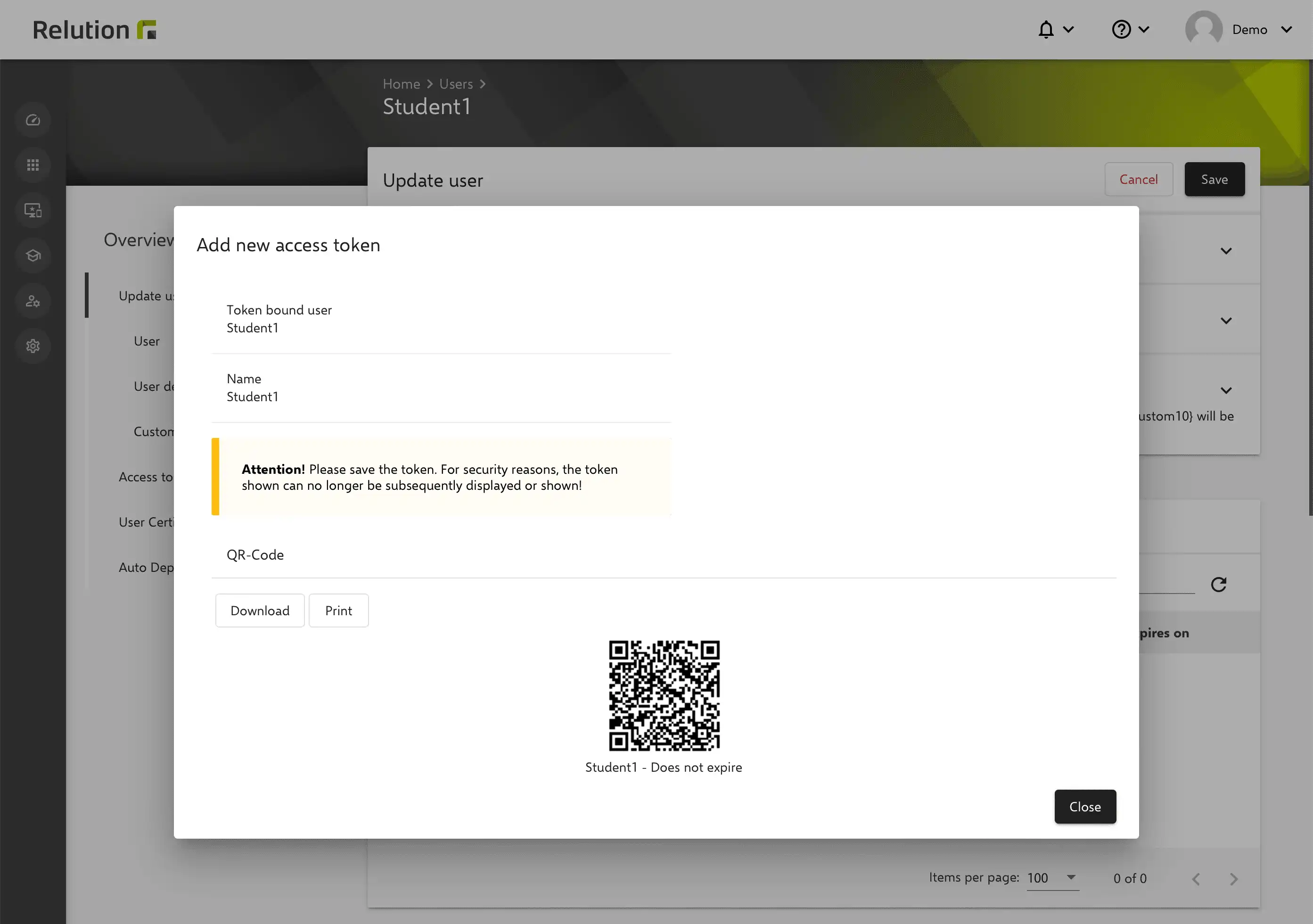 Generation of access tokens as QR codes in the Relution portal under "Users" for distribution to users