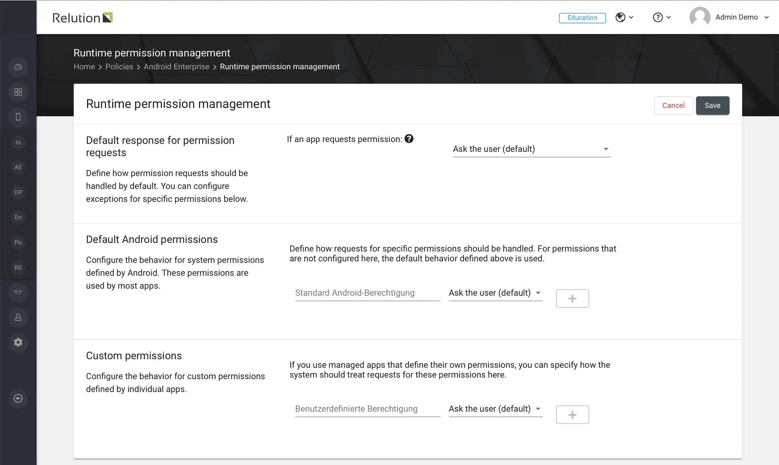 Vista di configurazione in Relution per gestire le autorizzazioni di runtime con impostazioni globali per la privacy e il controllo centralizzato, come l'accesso ai dati di posizione GPS