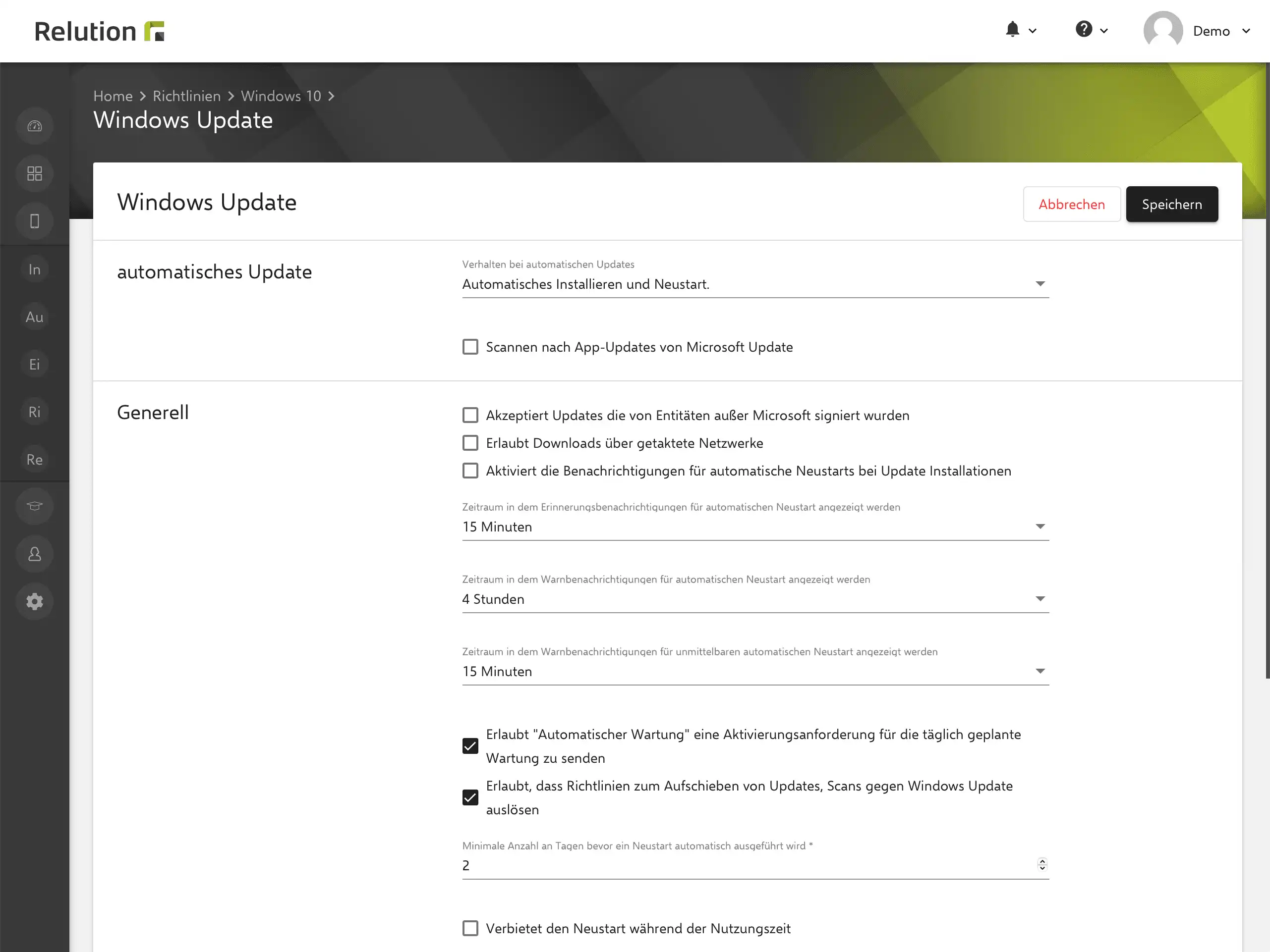 Verwaltung von Windows Updates in Relution mit Optionen zur automatischen oder manuellen Installation von Betriebssystemupdates