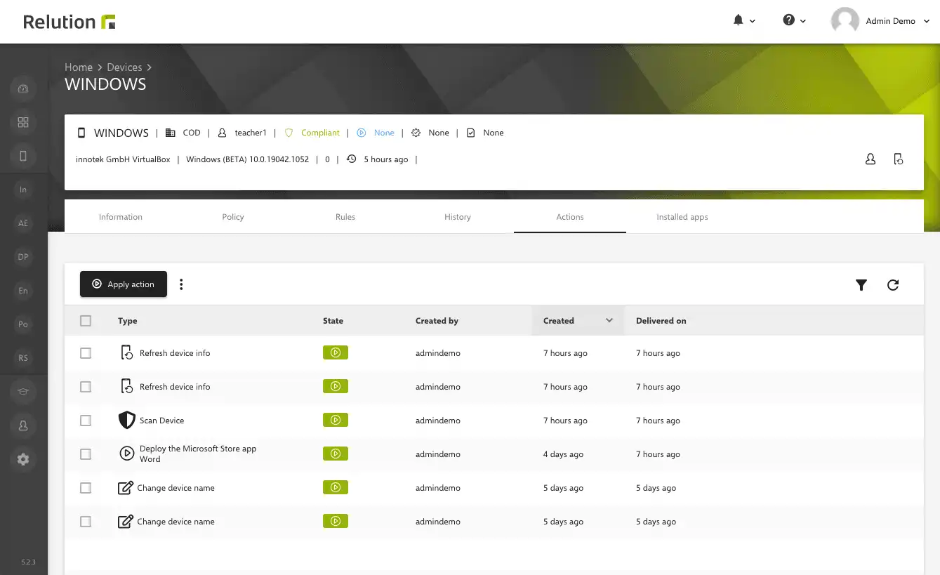 Device details in Relution showing the "Auto-Deployments" action for installing Windows apps from the Microsoft Store