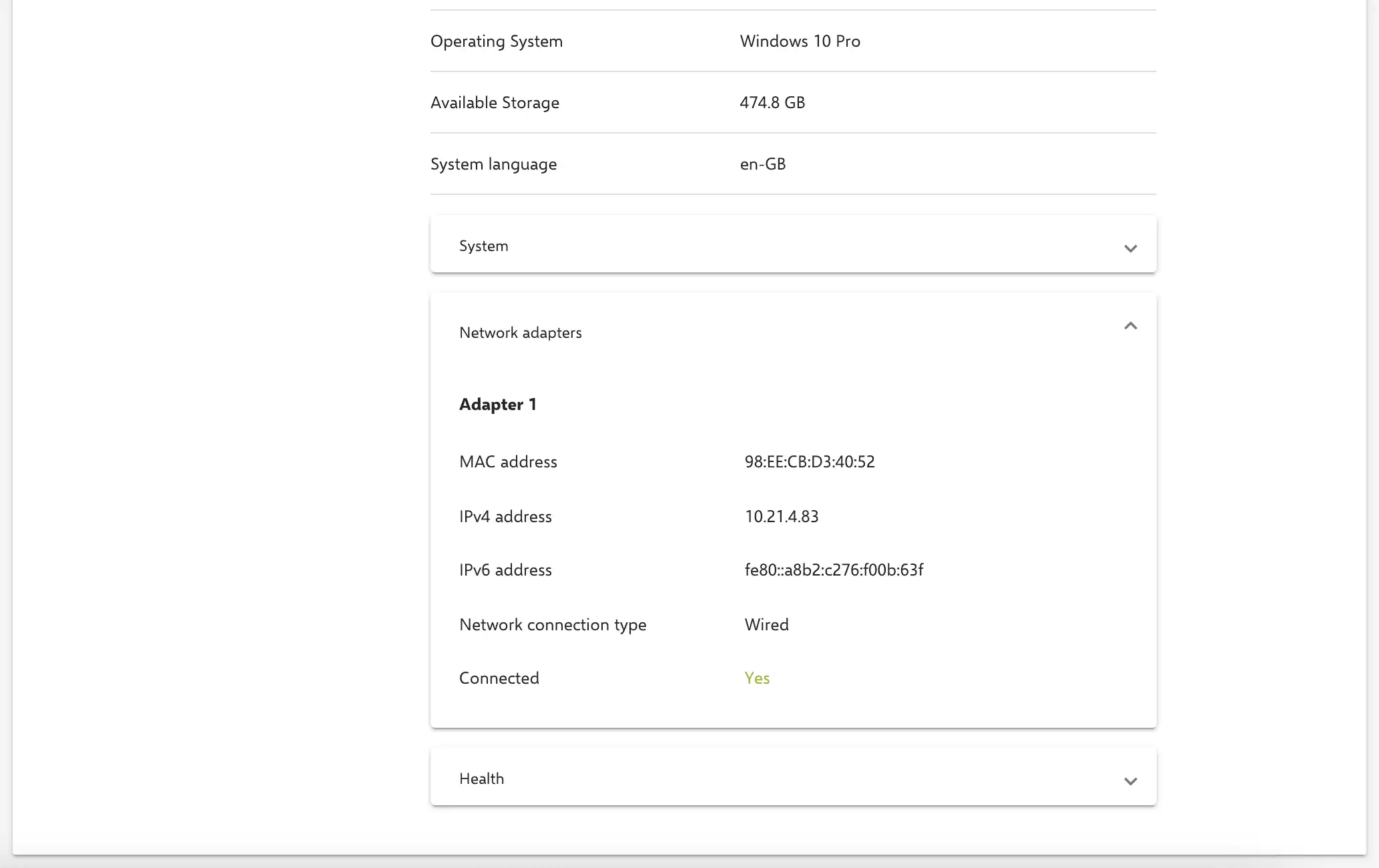 Device details in Relution with an expandable section displaying network adapter information on Windows devices, such as MAC address and connection type