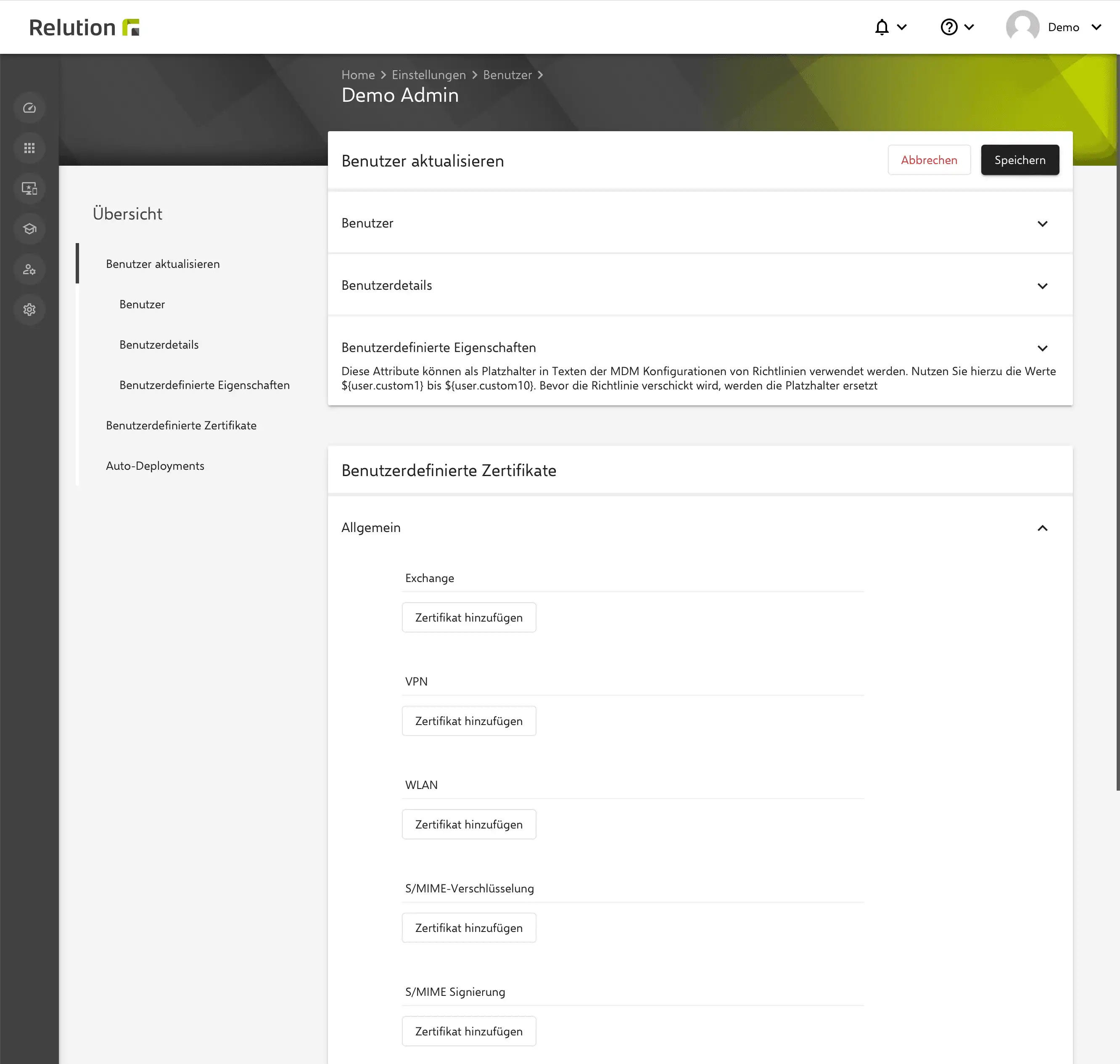 Exchange-Konfiguration in Relution mit hinterlegten Per-User-Zertifikaten für S/MIME-Signierung und Verschlüsselung