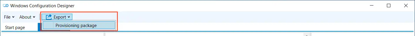 Vista del menu in Windows Configuration Designer con le opzioni selezionate « Esporta » e « Pacchetto di provisioning » per creare un pacchetto di provisioning