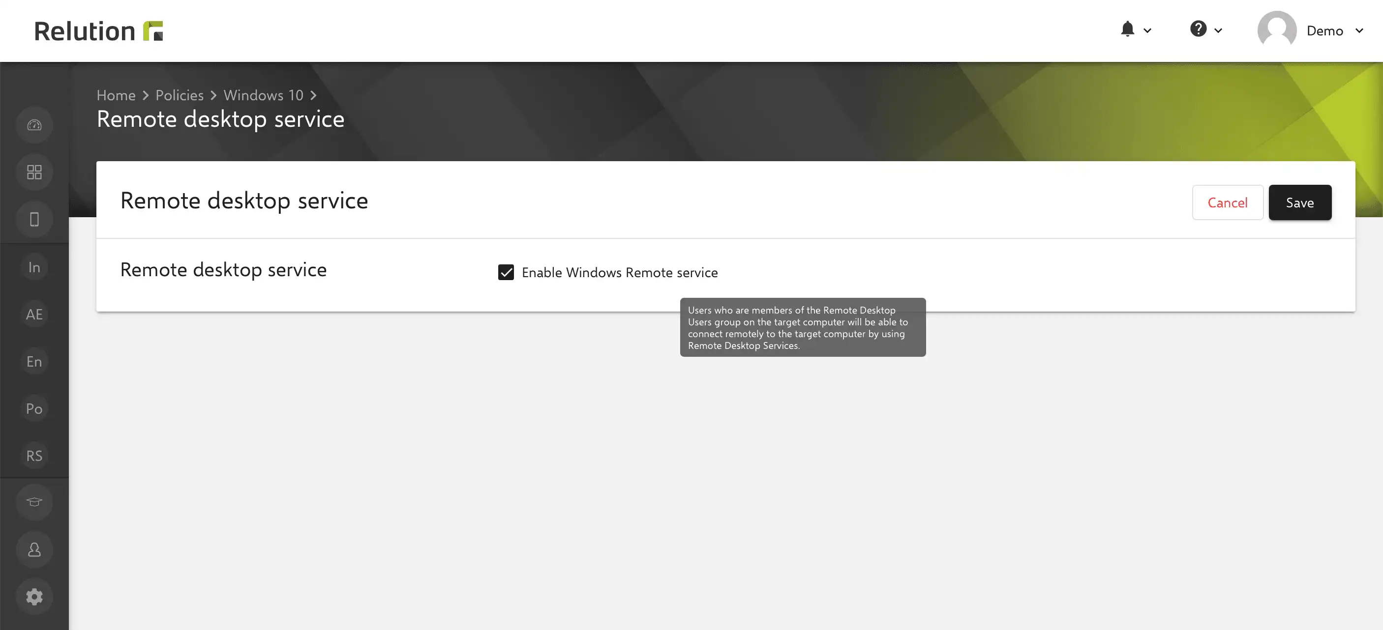 Attivazione del servizio desktop remoto in Relution per dispositivi Windows 10/11 per abilitare la condivisione dello schermo all'interno del gruppo di utenti
