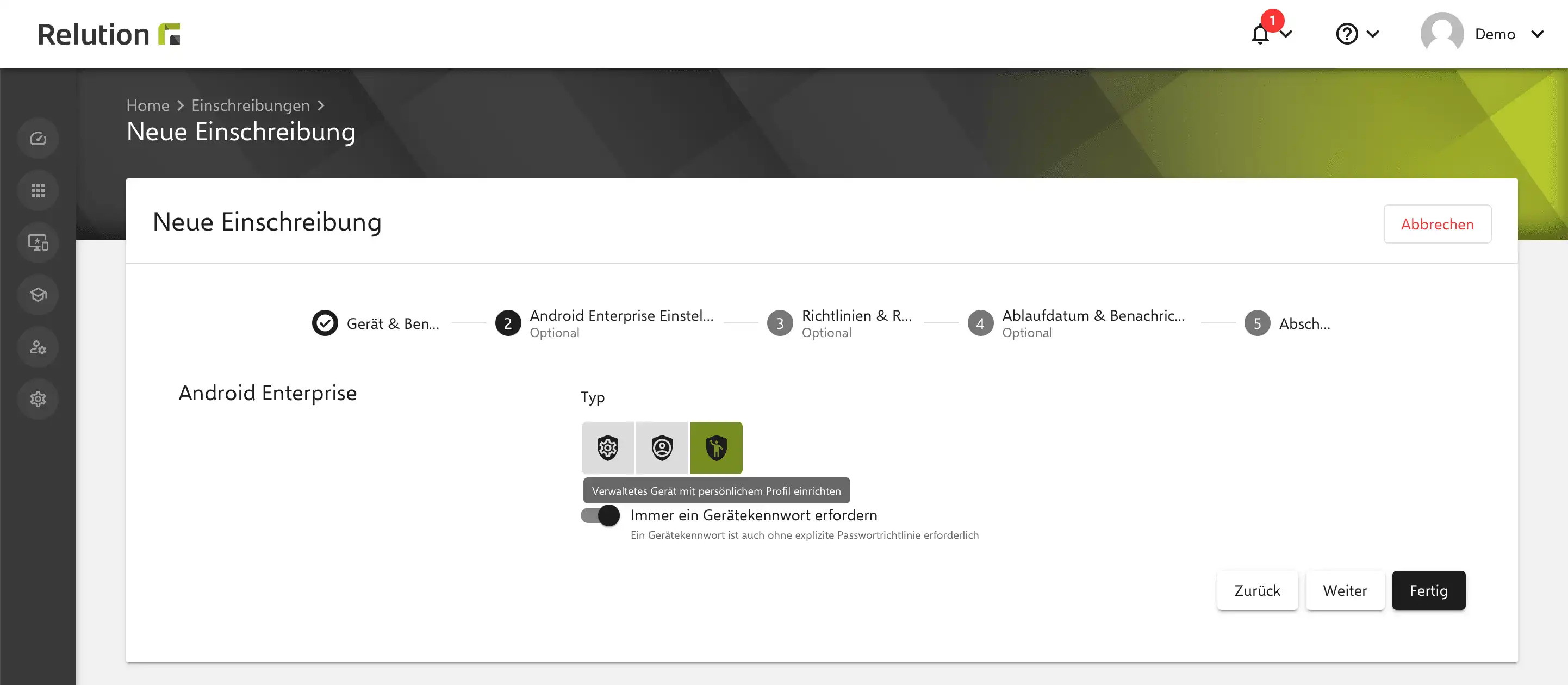 Einschreibung eines Android-Enterprise-Geräts mit der Option zur Einrichtung eines persönlichen Profils in Relution