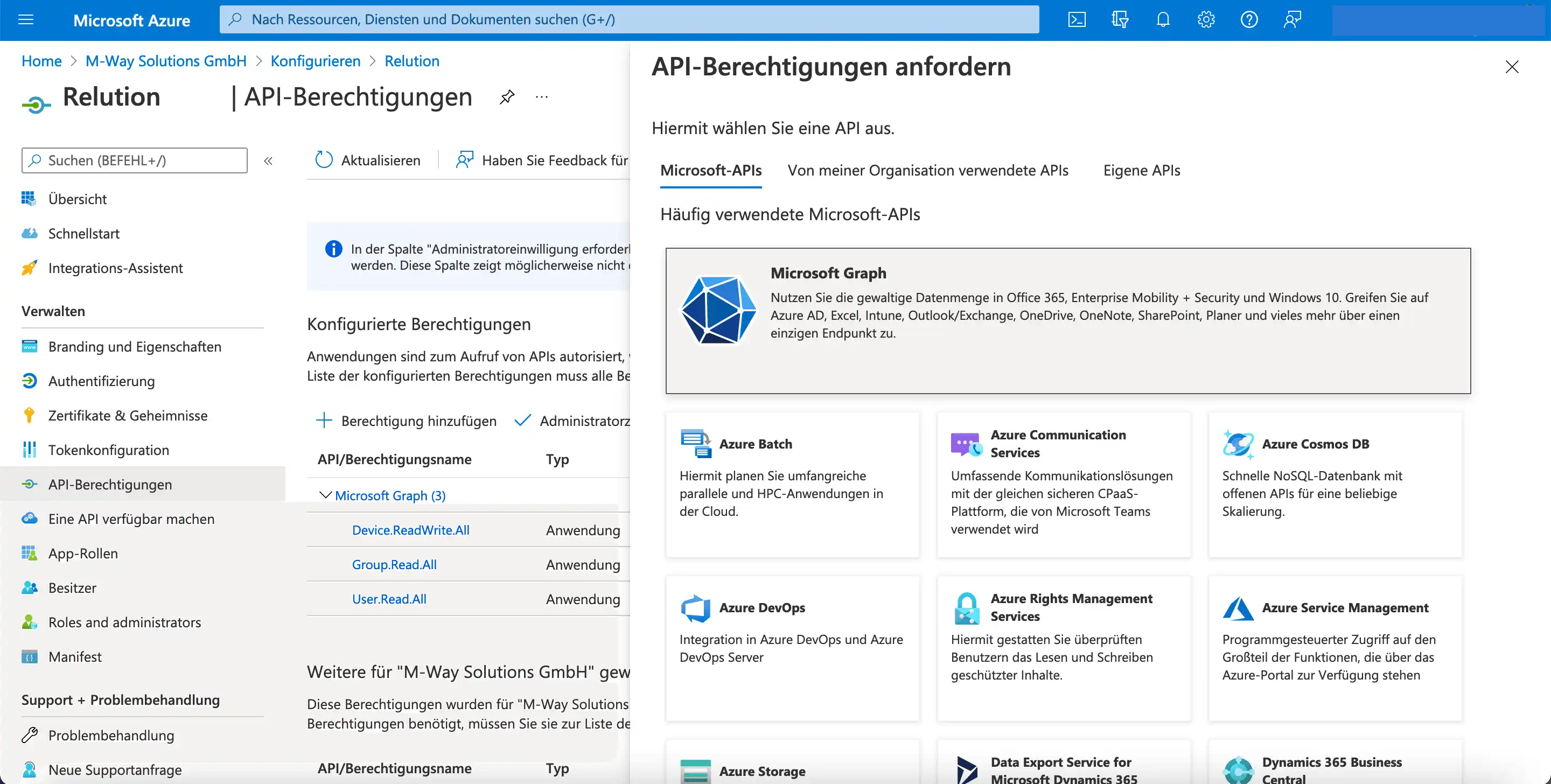 Konfigurationsbereich in Microsoft Azure mit der Option „Berechtigung hinzufügen“ unter „API-Berechtigungen“ und Auswahl von „Microsoft Graph“ im Dialogfenster