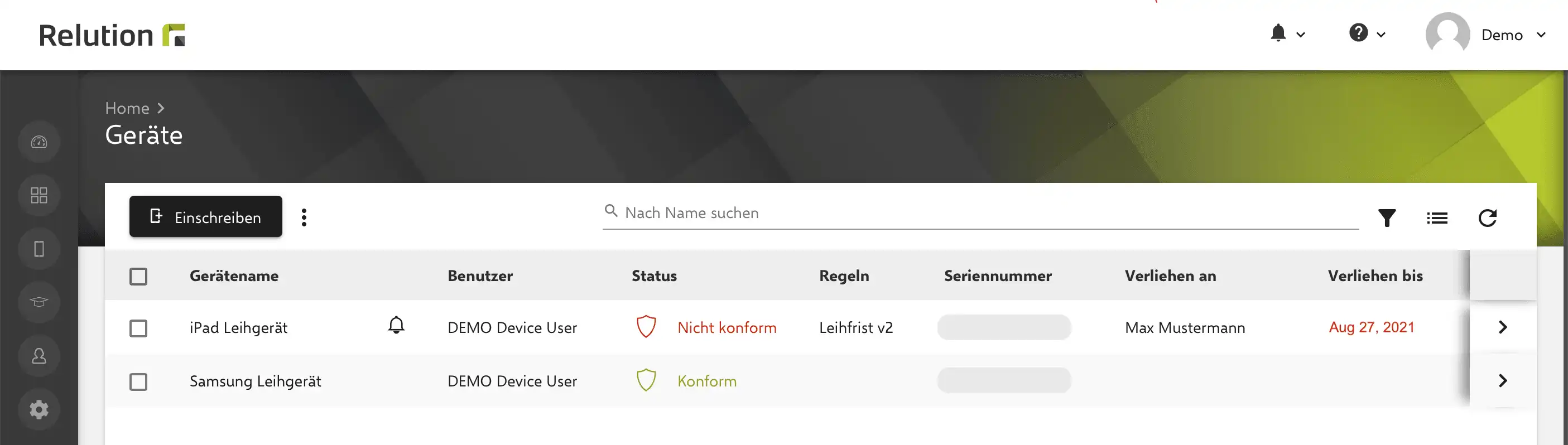 Anzeige in der Relution App, die anzeigt, ob ein Gerät ‚konform‘ oder ‚nicht konform‘ ist