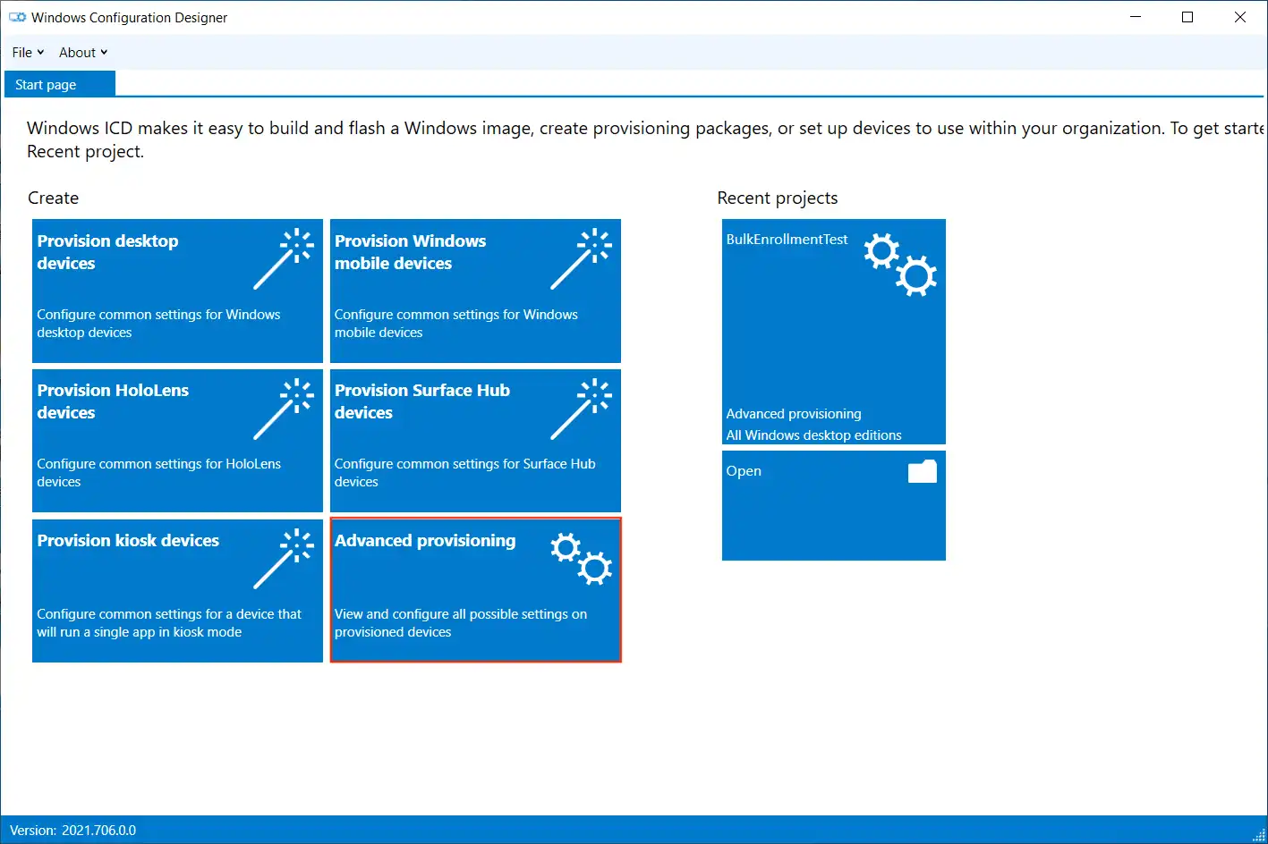 Startansicht des Windows Configuration Designers mit der ausgewählten Kachel „Verwenden der erweiterten Bereitstellung“ zur Erstellung eines Bereitstellungspakets