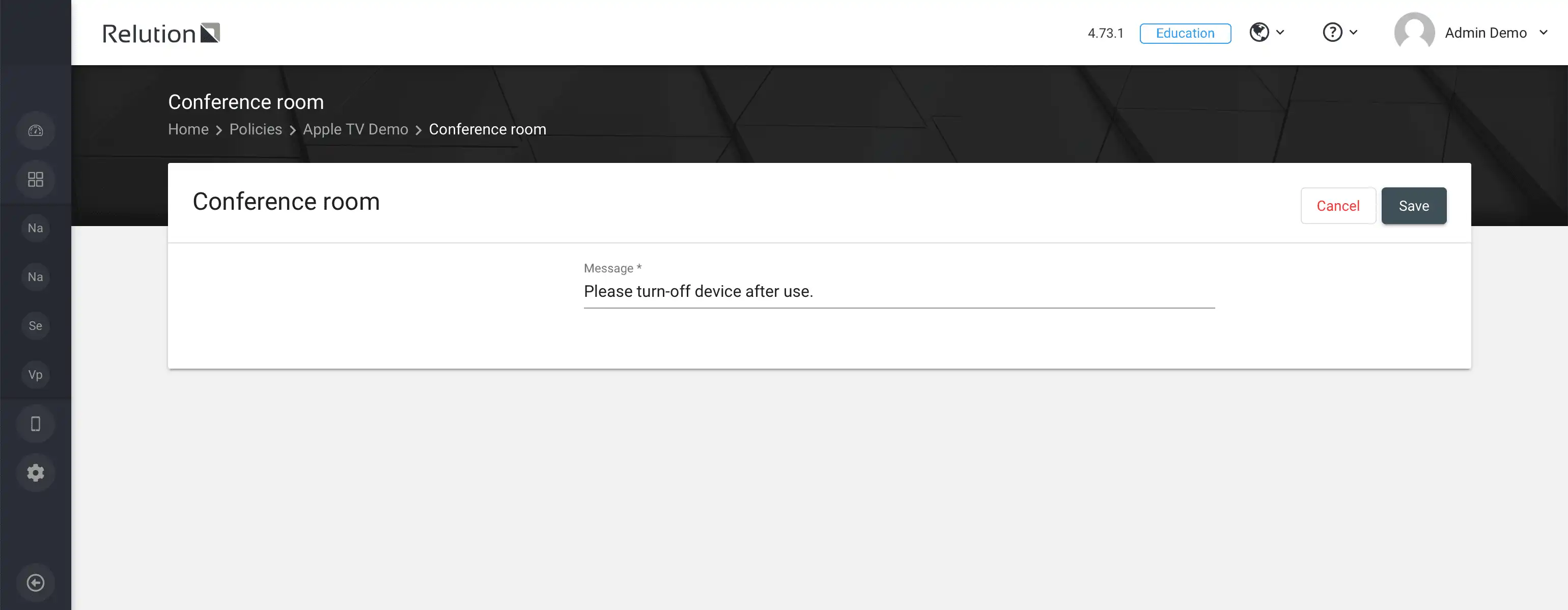 Screen of the conference room configuration in Relution to disable video streaming and enable AirPlay connections on Apple TVs