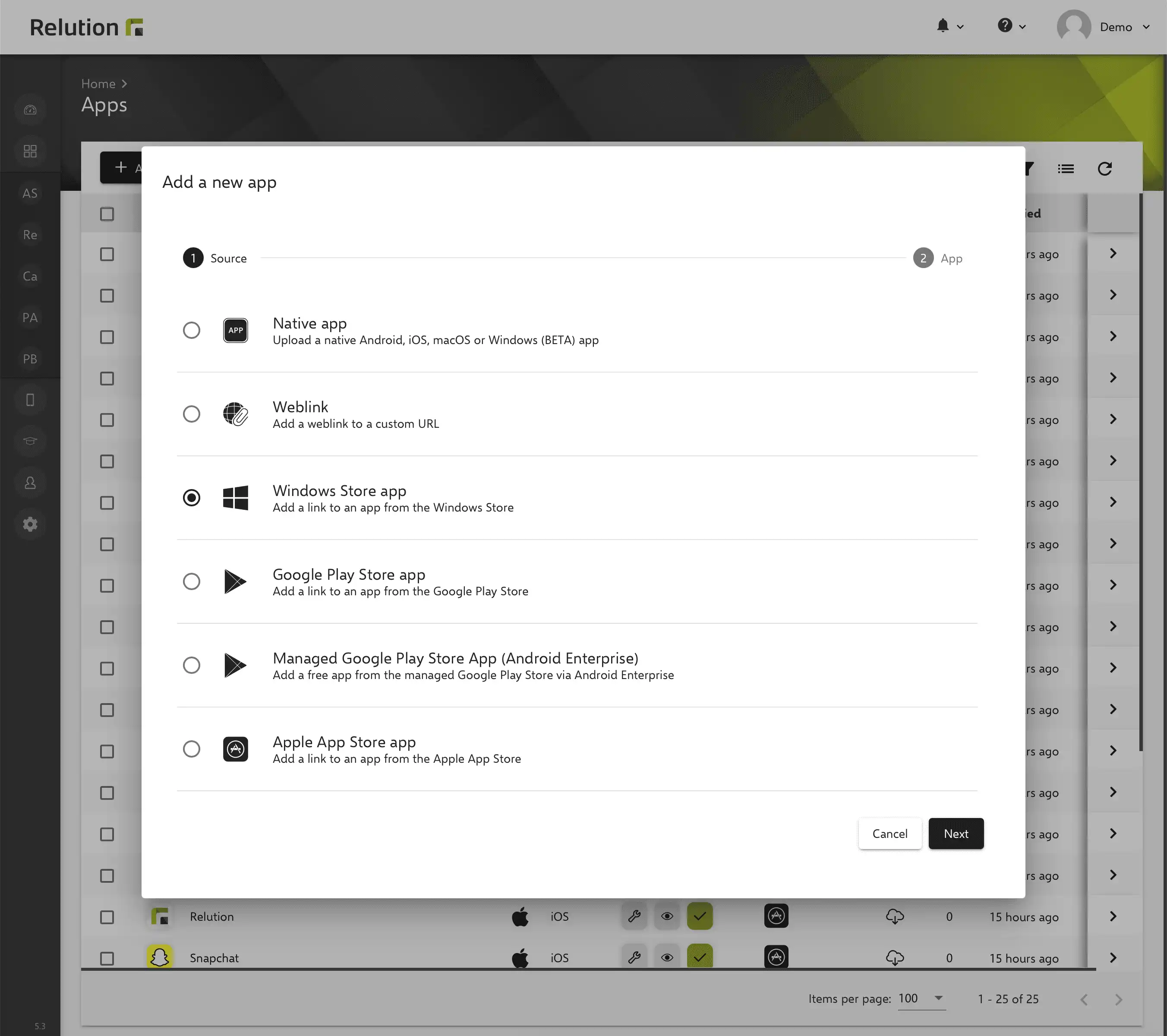 Overview of supported Windows 10/11 versions in Relution with instructions for creating a new enrollment for device management