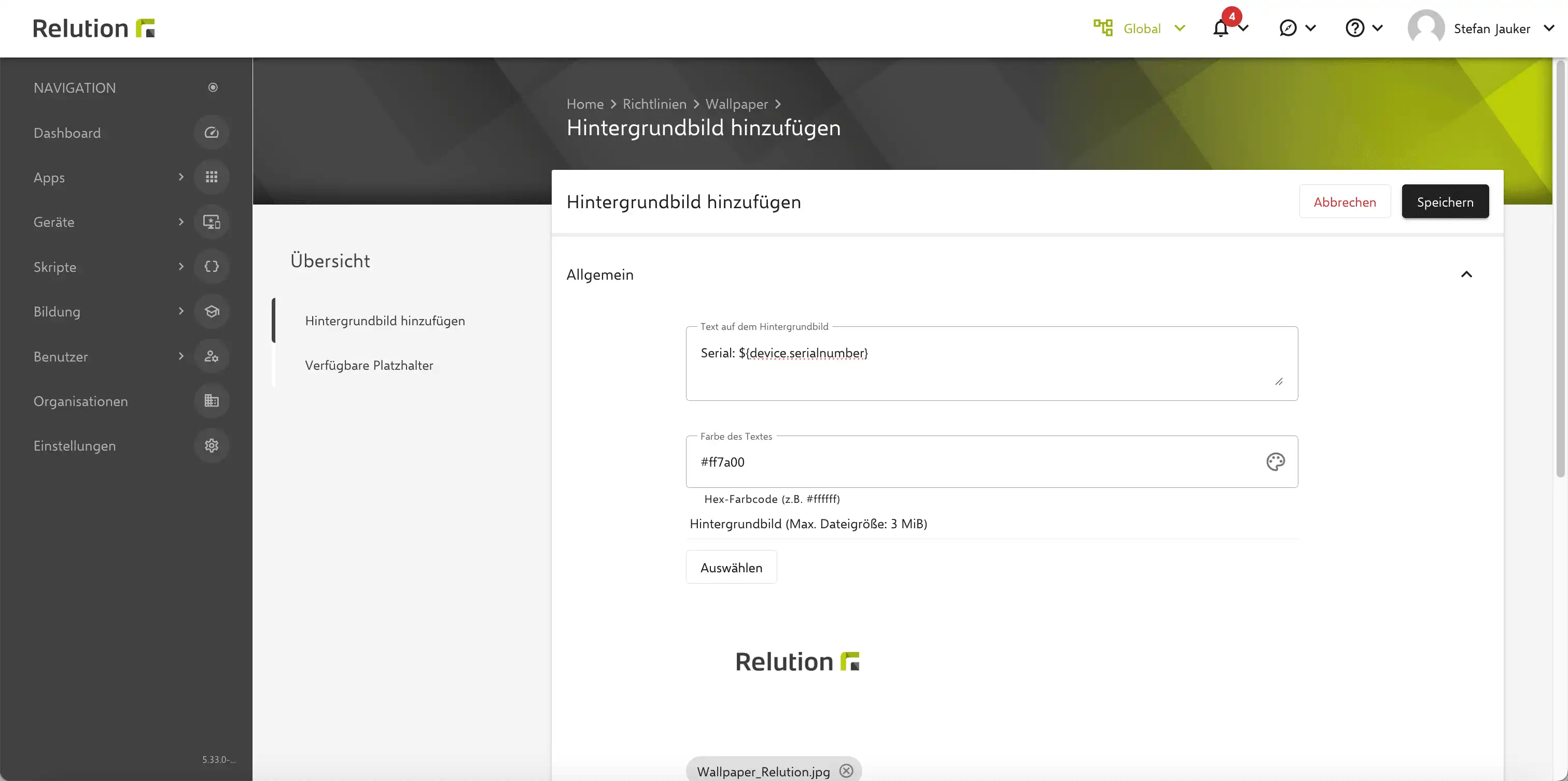 Ansicht der Wallpaper-Konfiguration in Relution zur Festlegung eines Hintergrundbilds und dynamischen Texts für Android Enterprise und Android Classic Geräte