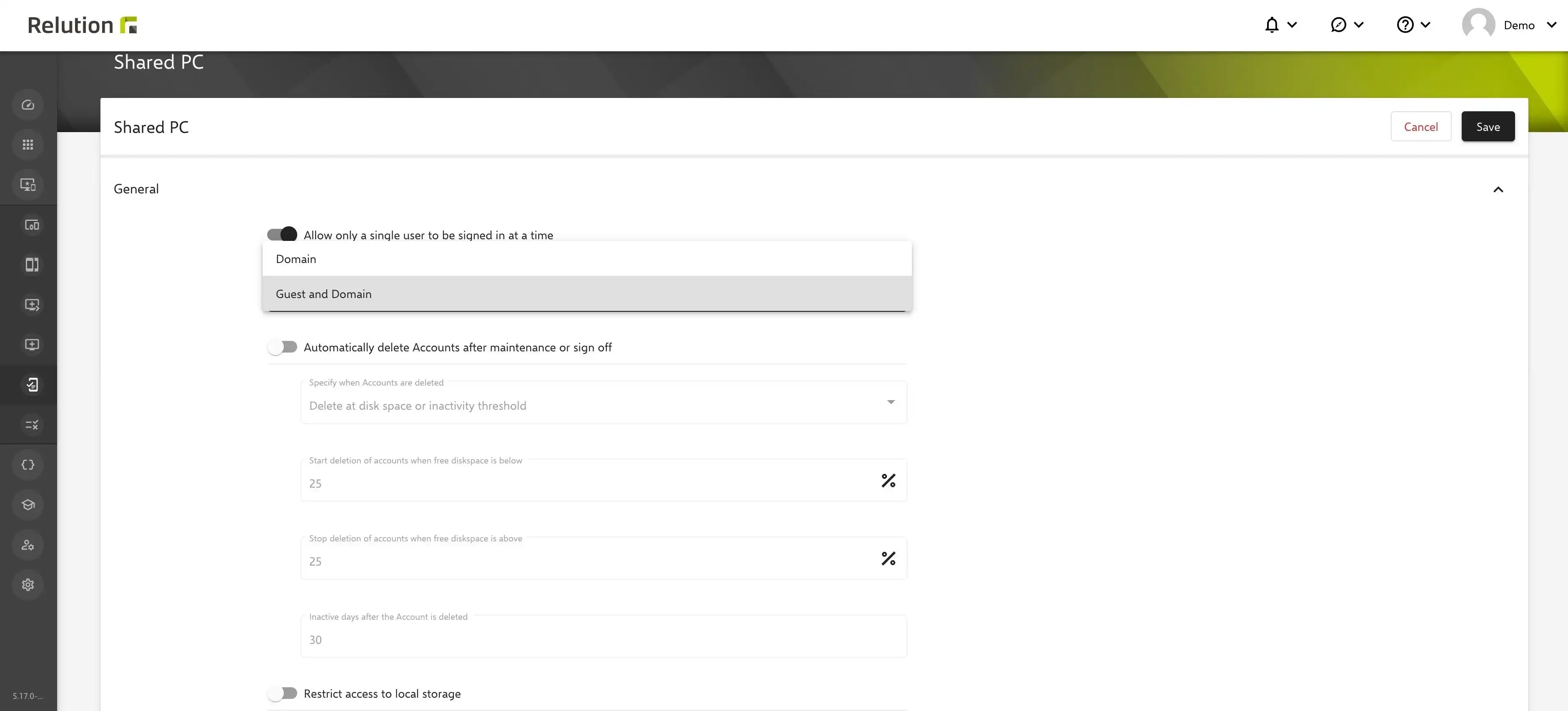 Impostazioni nella politica « Windows Shared PC » per limitare a un singolo utente connesso e definire i tipi di account consentiti, inclusa la cancellazione automatica dei dati temporanei in modalità ospite