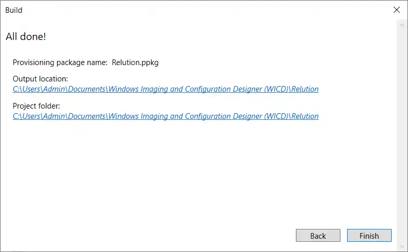 Finalisierung der Windows Massenregistrierung mit der Anzeige „All done“ sowie den Pfaden für „Output location“ und „Project folder“