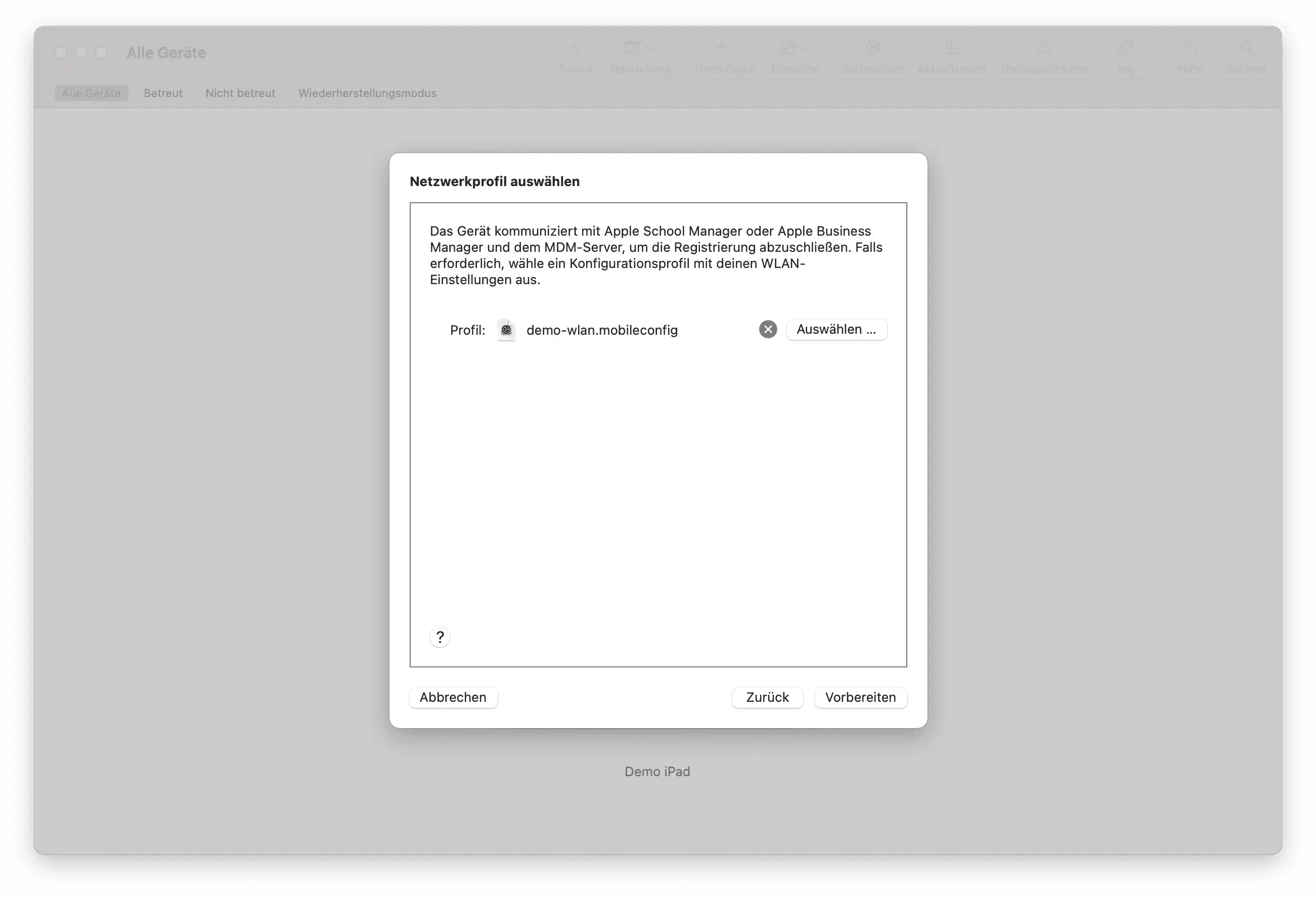 Ansicht der Profil-Auswahl im Apple Configurator 2 mit einem zuvor erstellten WLAN-Konfigurationsprofil für die automatische Verbindung nach dem Neustart