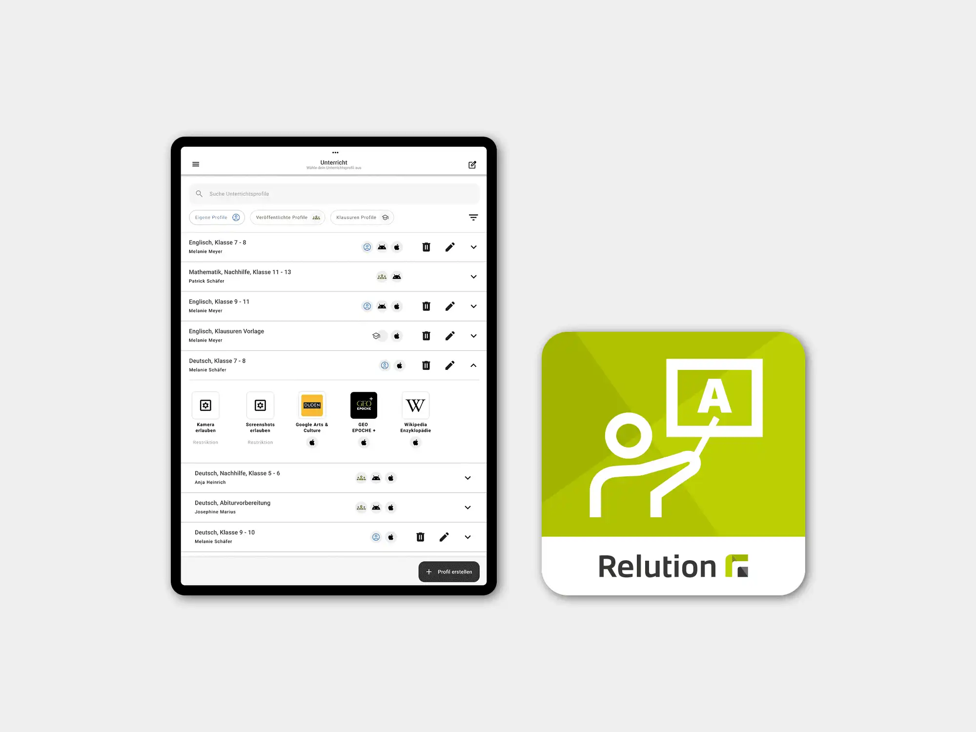 Auf einem iPad sind verschiedene Unterrichtsprofile für verschiedene Klassen und Fächer sichtbar, daneben ist das Logo der Relution Teacher App abgebildet