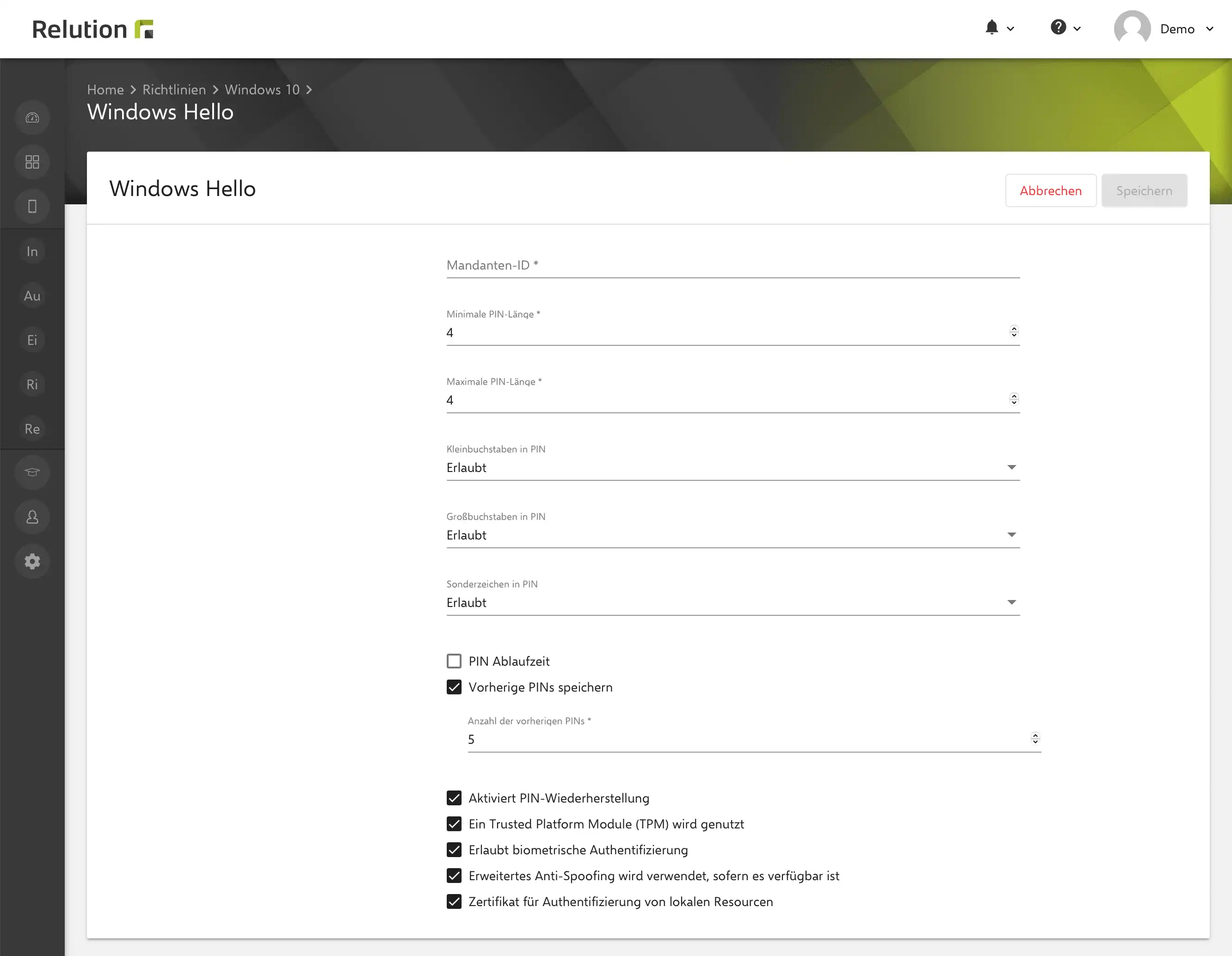 Einstellungen zur „Windows Hello“-Konfiguration in Relution mit Optionen für sichere PIN-Vergabe und biometrische Authentifizierung auf Windows 10/11-Geräten