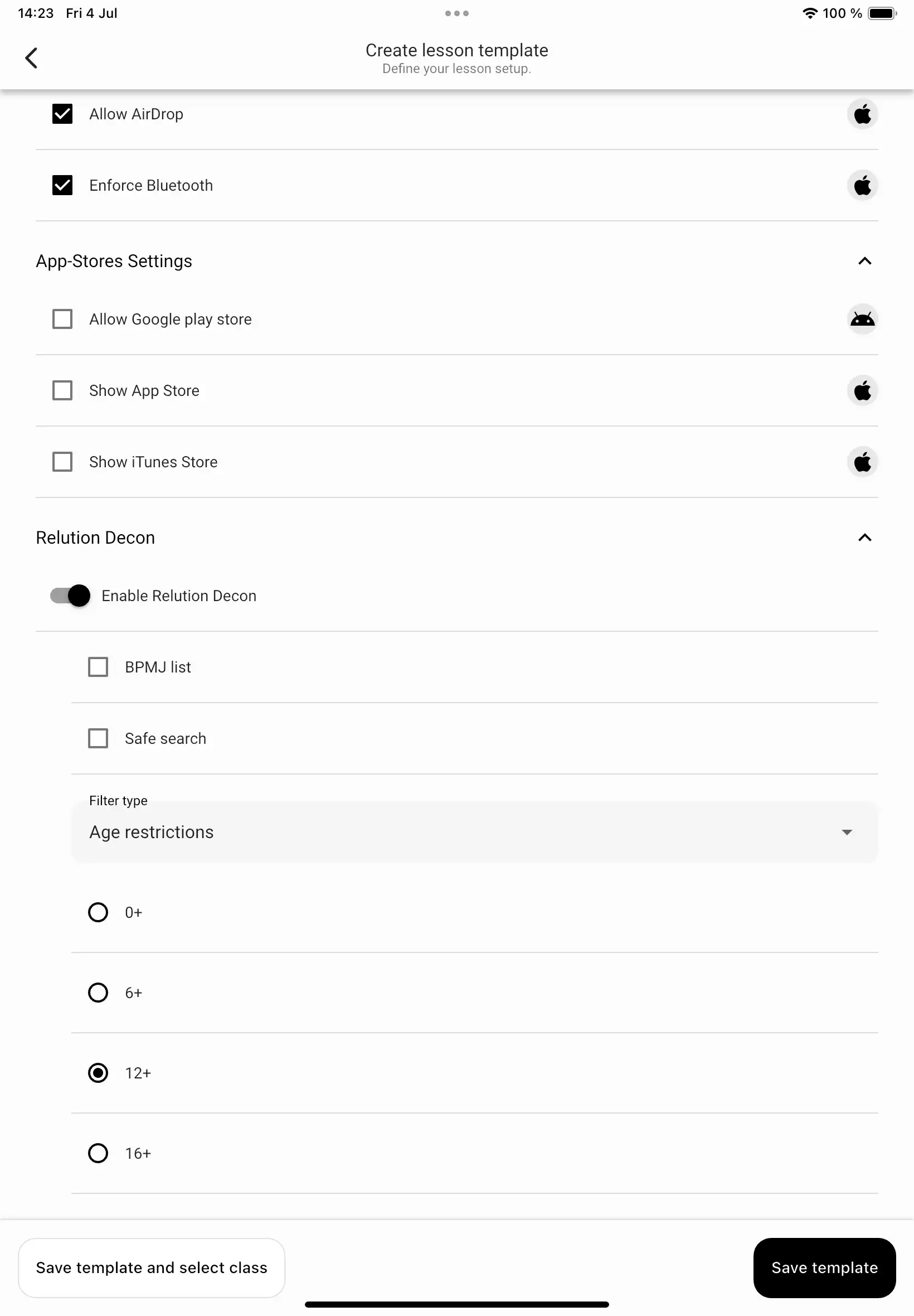 Settings interface in the Relution Teacher App for configuring Relution Decon during lessons, including BPjM filter, Safe Search, and adjustable filter types