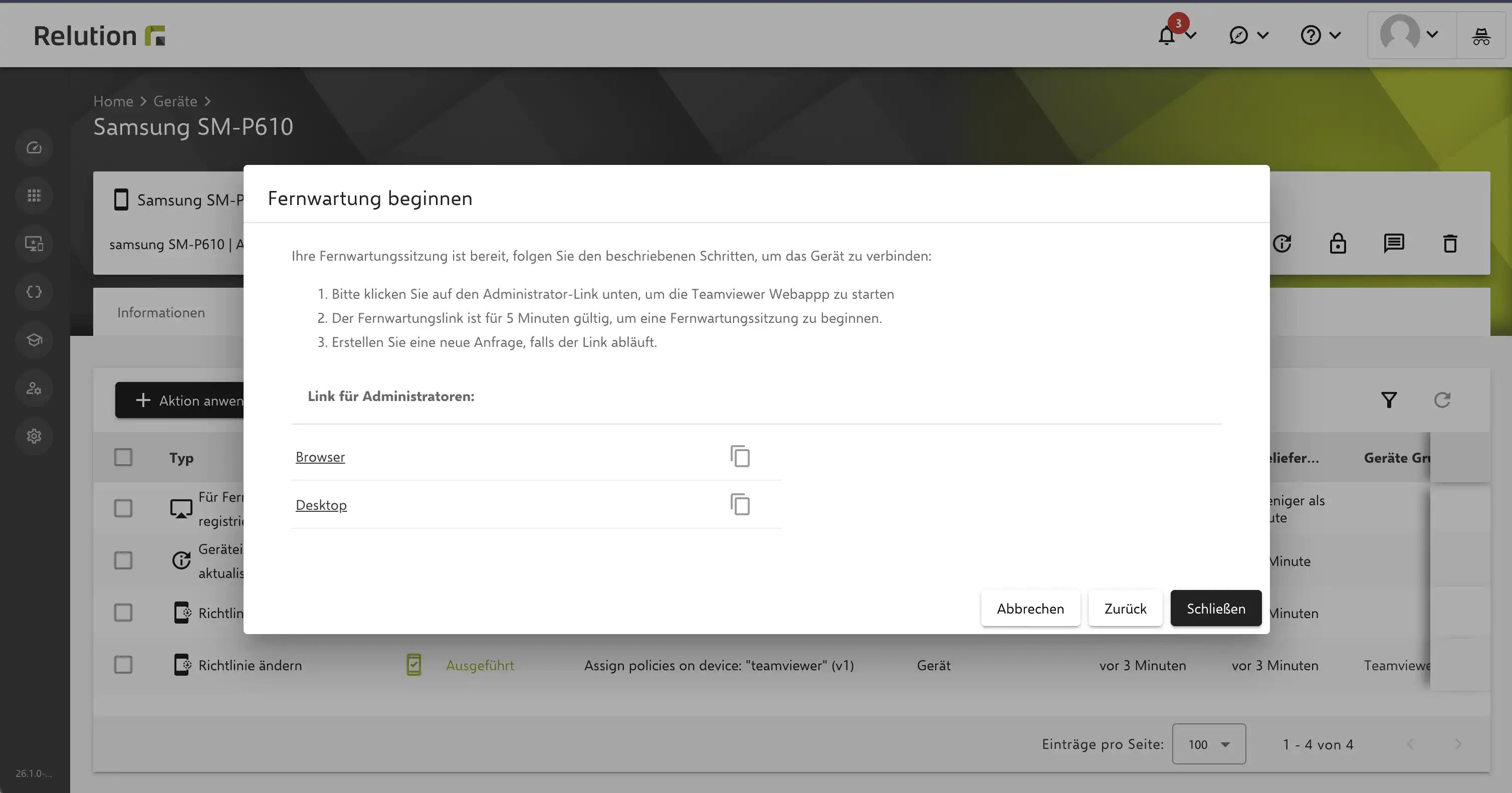 Screenshot der Relution-Oberfläche mit dem Dialog "Fernwartung beginnen" samt Administrator-Links (Browser, Desktop) zum Start einer TeamViewer-Fernsitzung.