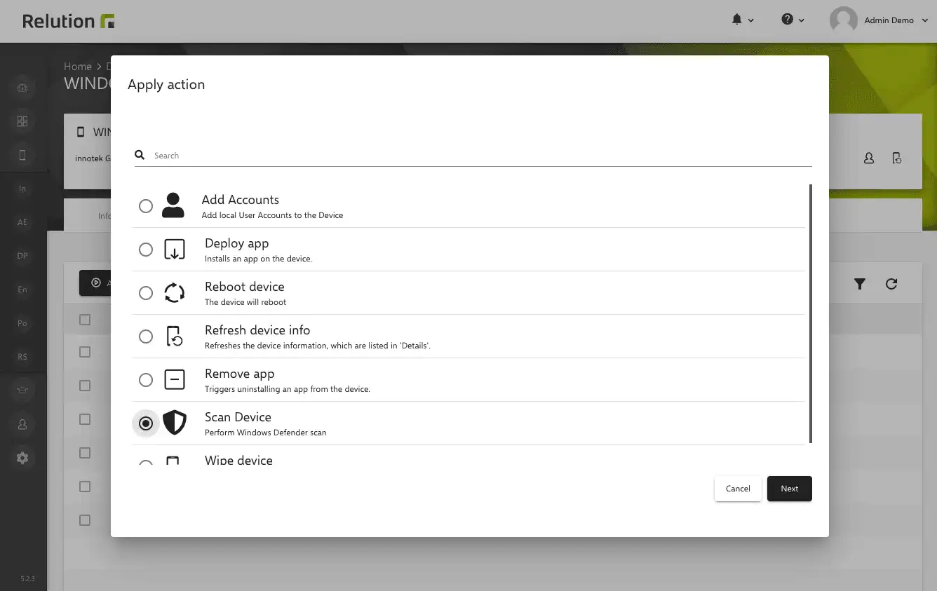 Action in Relution to perform a Windows Defender scan to enhance the security of Windows devices