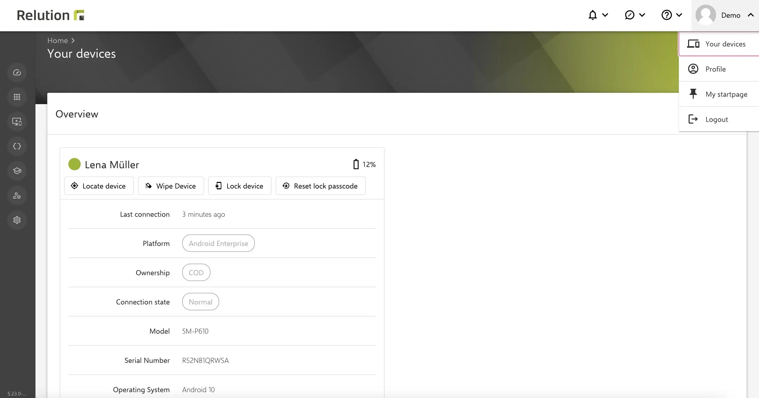 Rappresentazione di un dispositivo di esempio nel portale Self-Service di Relution nella sezione « I tuoi dispositivi » con opzioni per l'autogestione