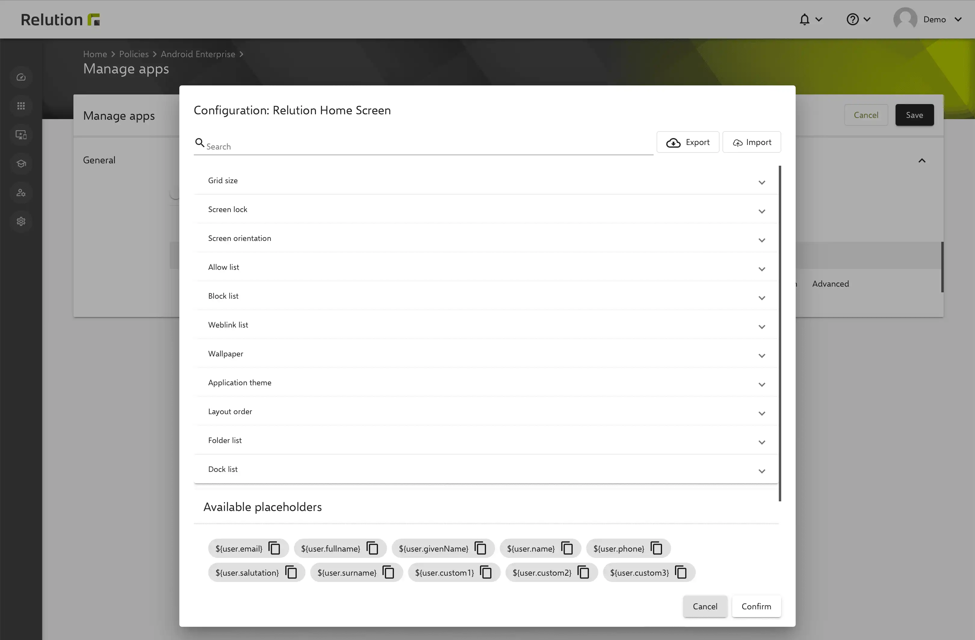 Screenshot of the Relution configuration view for Android Enterprise devices with the option to customize the home screen using the "Manage Apps" function, including layout, background, and restrictions