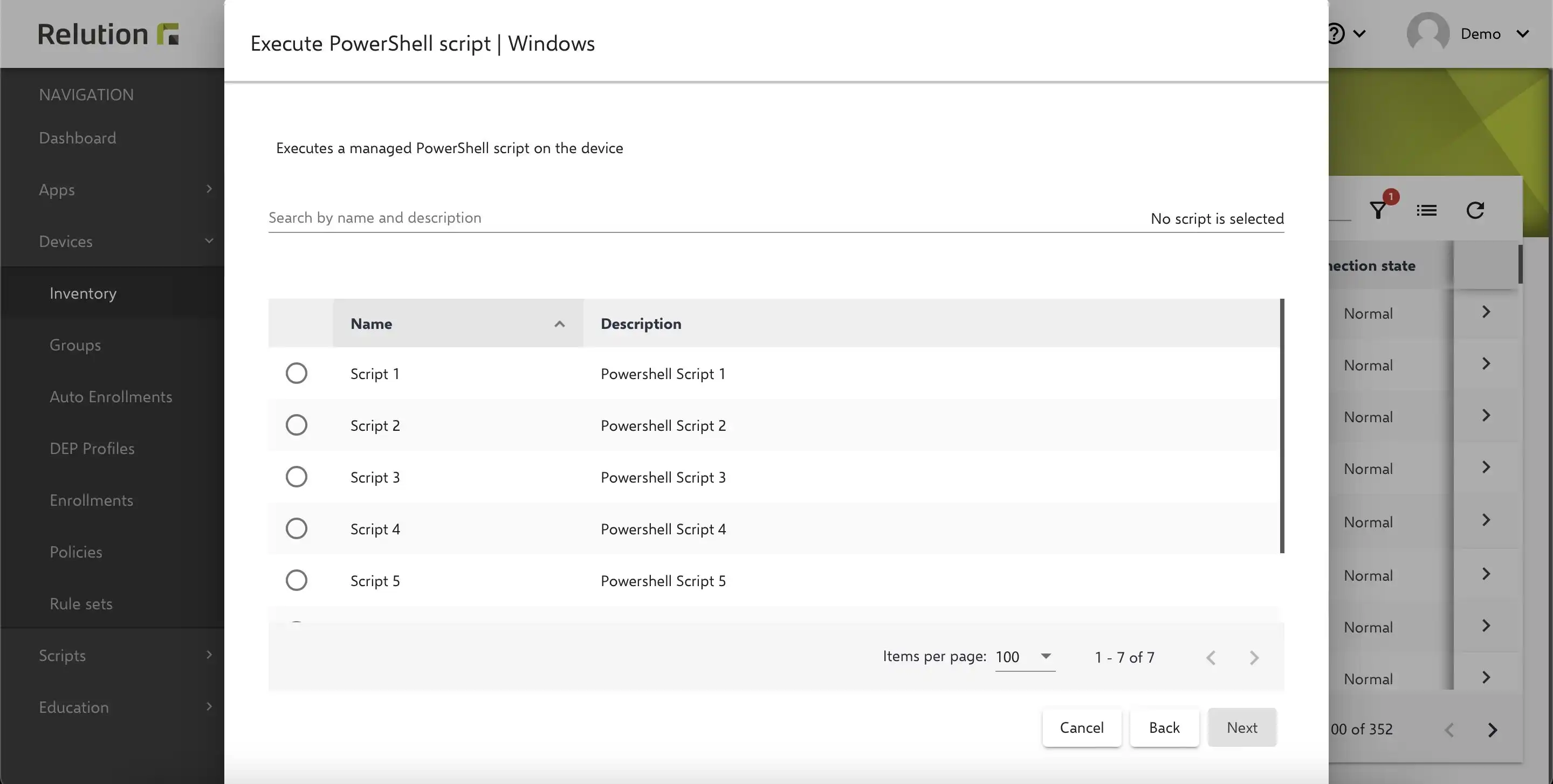 Pestaña de vista general en Relution que muestra todos los scripts de PowerShell gestionados