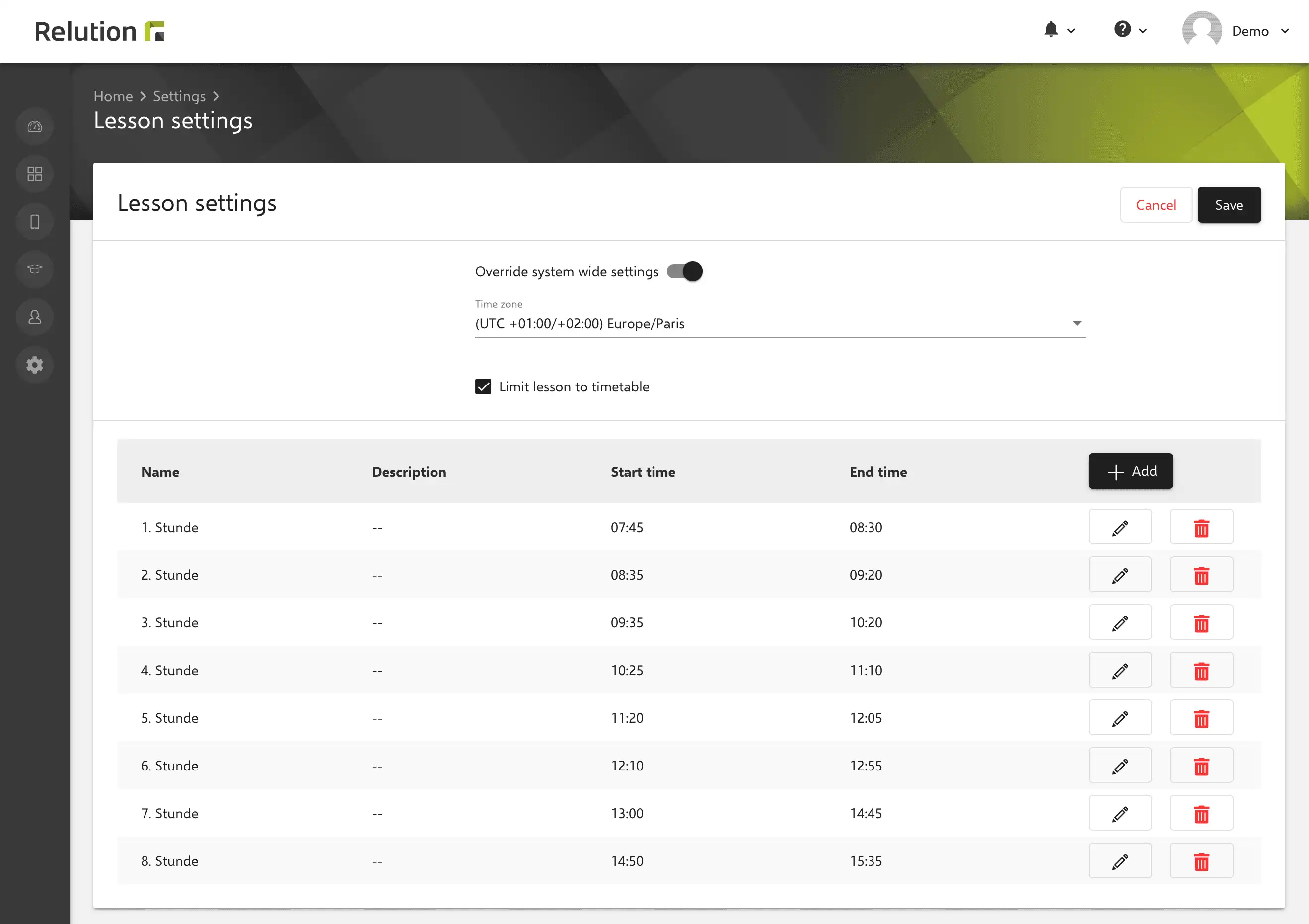 Vue des paramètres dans la console enseignant de Relution pour limiter les cours au planning enregistré