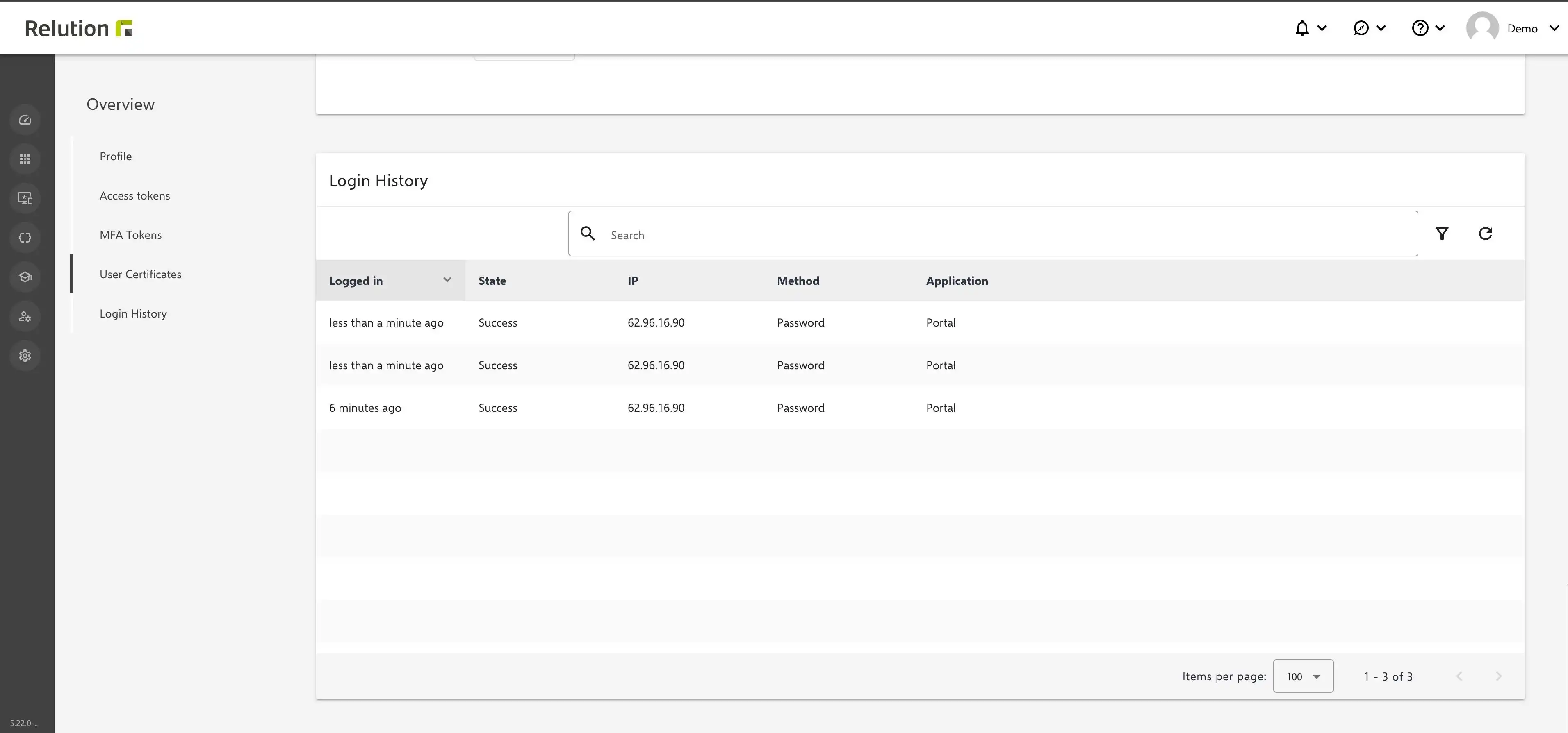 Login history view in Relution showing a list of login attempts with details such as status, IP address, method, and origin of the login